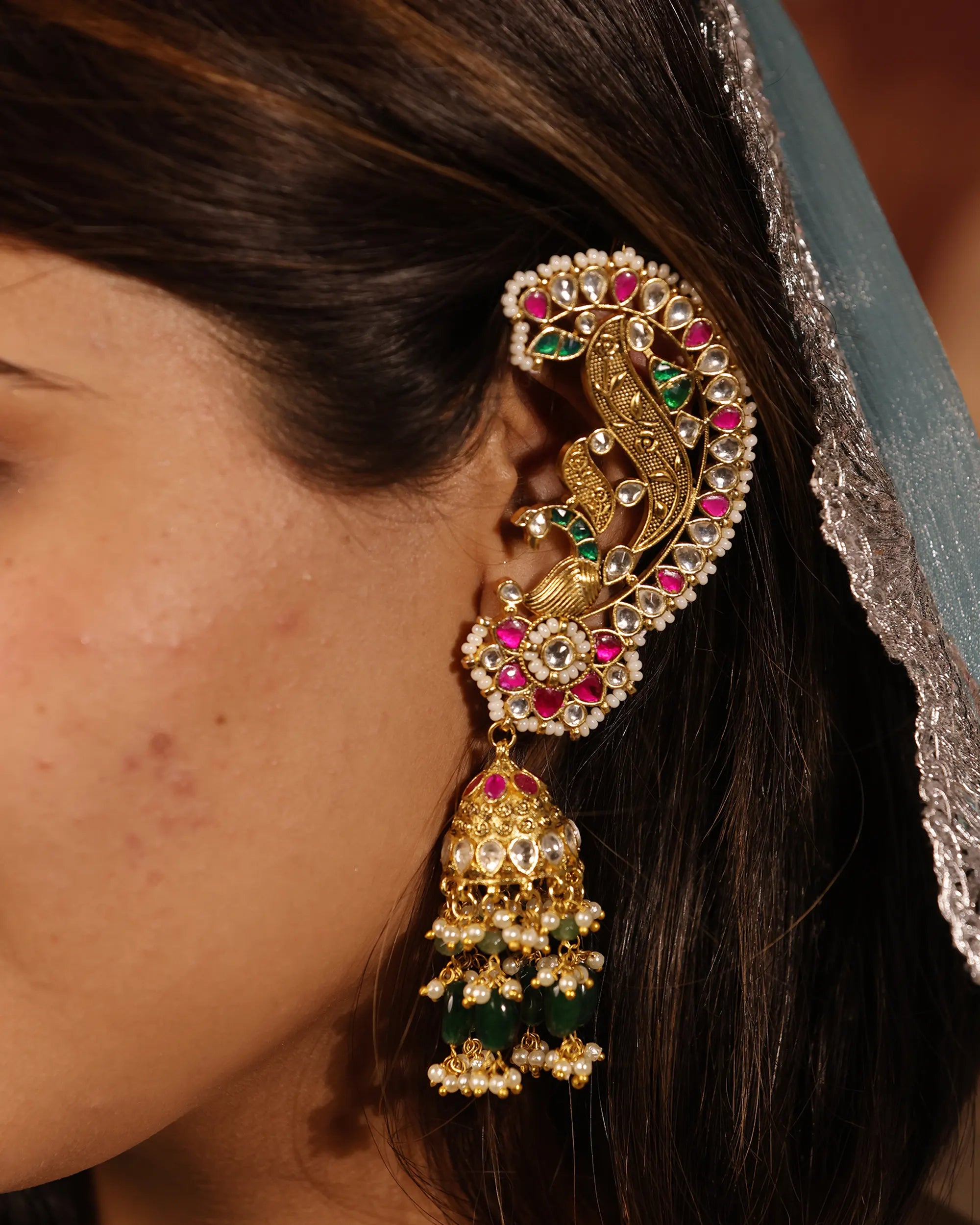 Grand Peacock Ear Cuff with Jhumka Drops