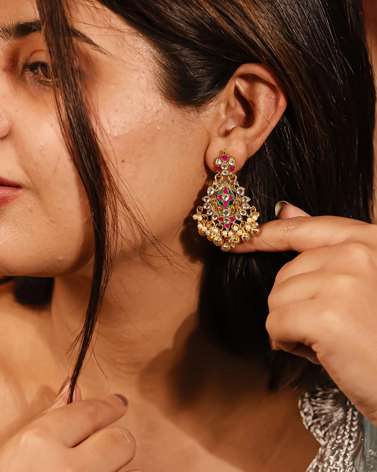 Traditional Kundan Earrings, Ethnic Indian Jewelry for Weddings, Chandbali Earrings with Multi-Color Stones