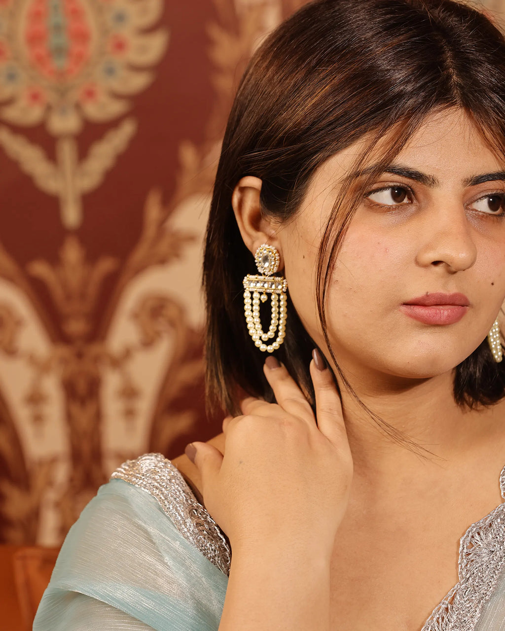 Elegant Pearl Drape Earrings, Kundan Gold-Plated Jewelry, Sophisticated Festive Accessory