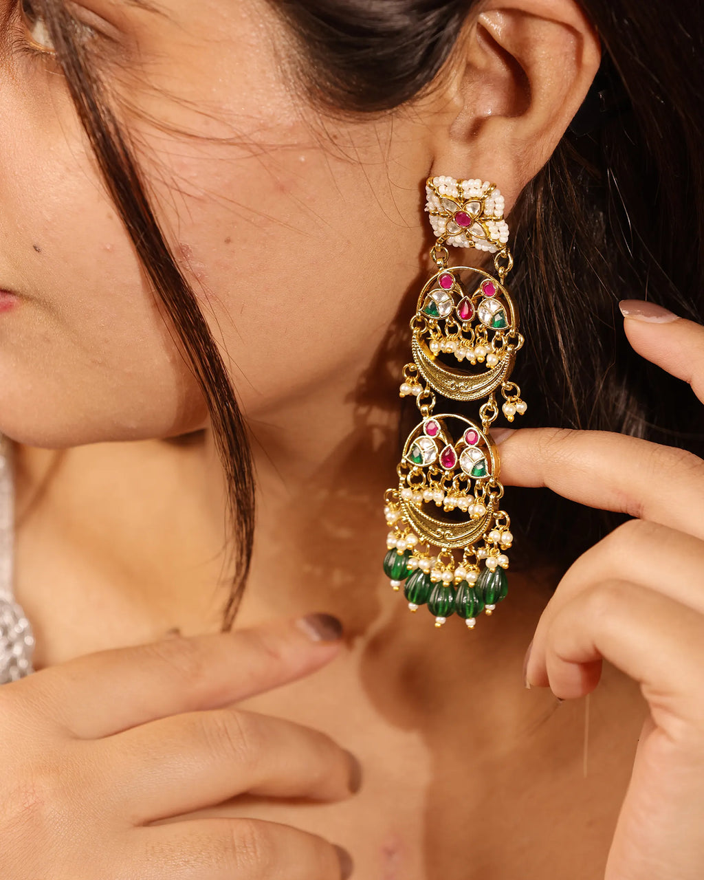 Tiered Kundan Chandbali Earrings, Emerald Drops Indian Statement Jewelry