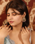 Pastel Pink Kundan Chandbali Earrings, Pearl and Bead Drops, Elegant Indian Jewelry