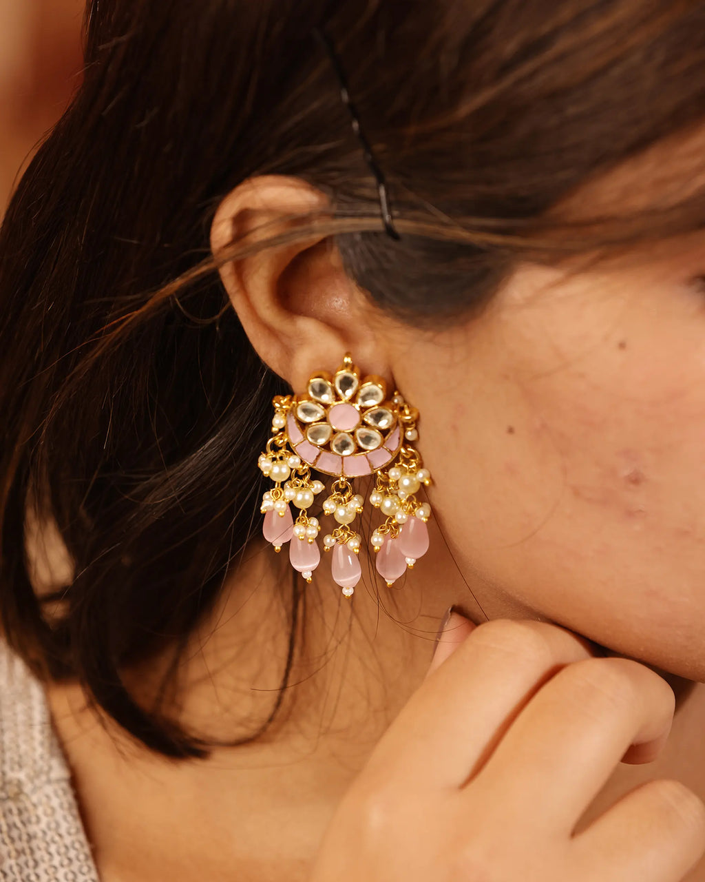 Pastel Pink Kundan Chandbali Earrings, Pearl and Bead Drops, Elegant Indian Jewelry