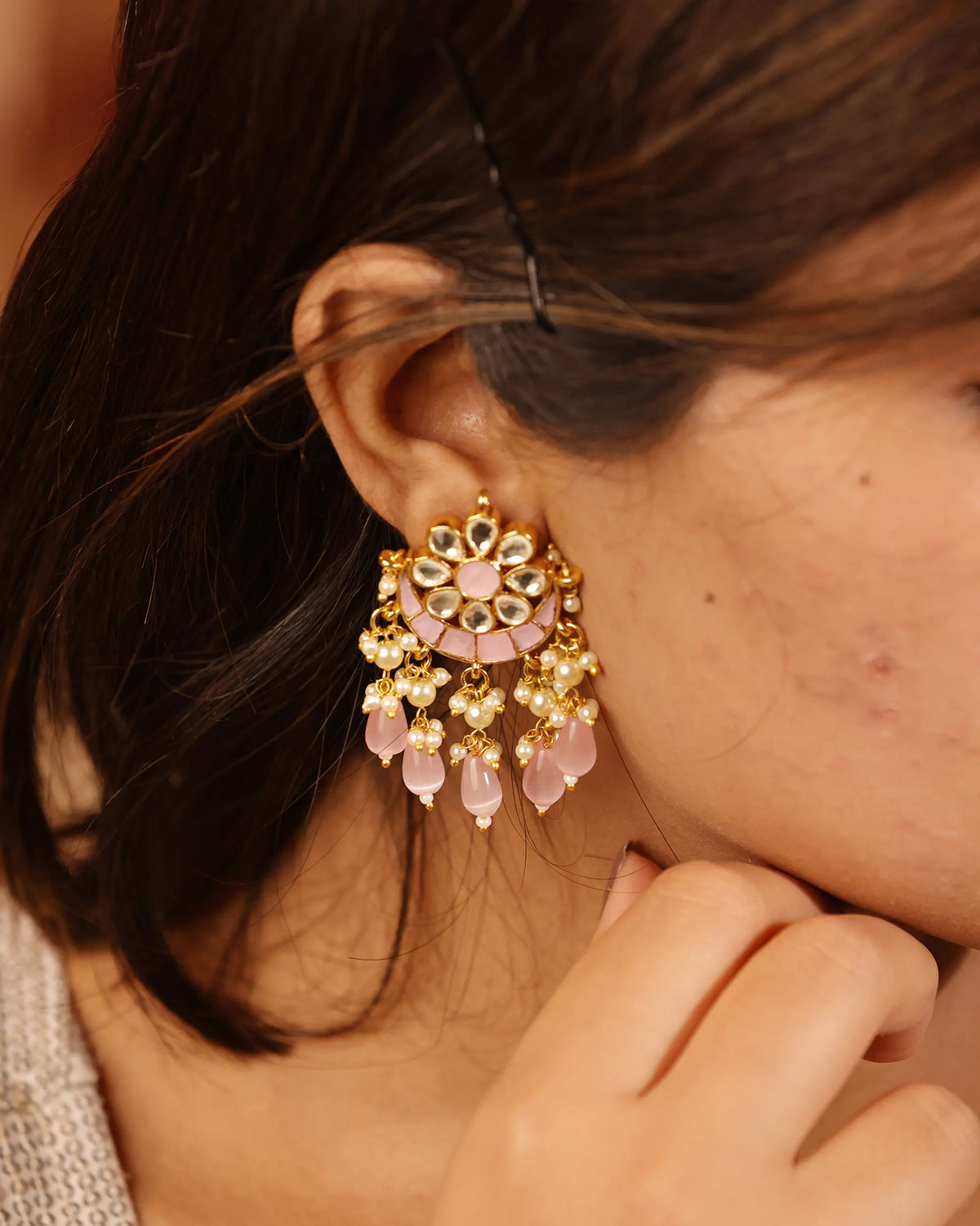 Pastel Pink Kundan Chandbali Earrings, Pearl and Bead Drops, Elegant Indian Jewelry