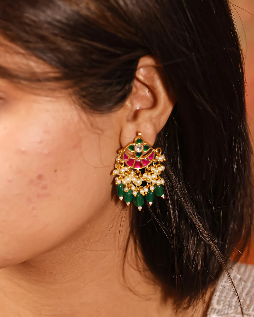 Traditional Indian Jewelry, Multi-Color Kundan Chandbalis, Emerald Bead Earrings