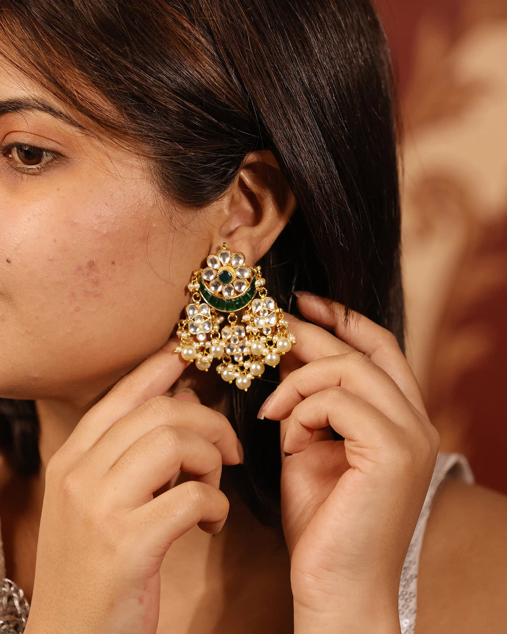 Kundan Chandbali Earrings with Pearl Drops