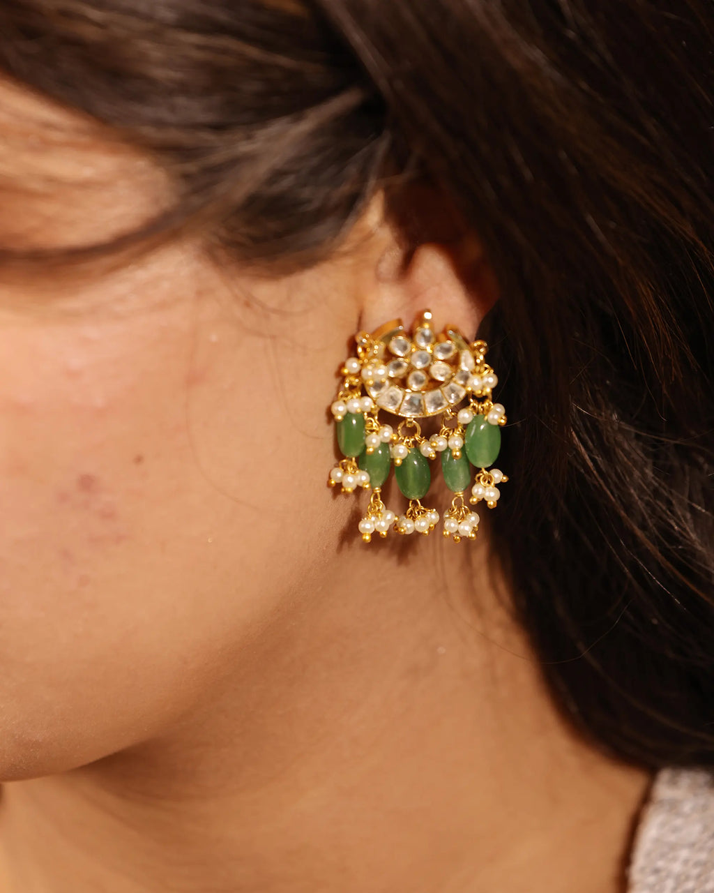 Kundan Chandbali Earrings with Mint Green Beads and Pearl Drops