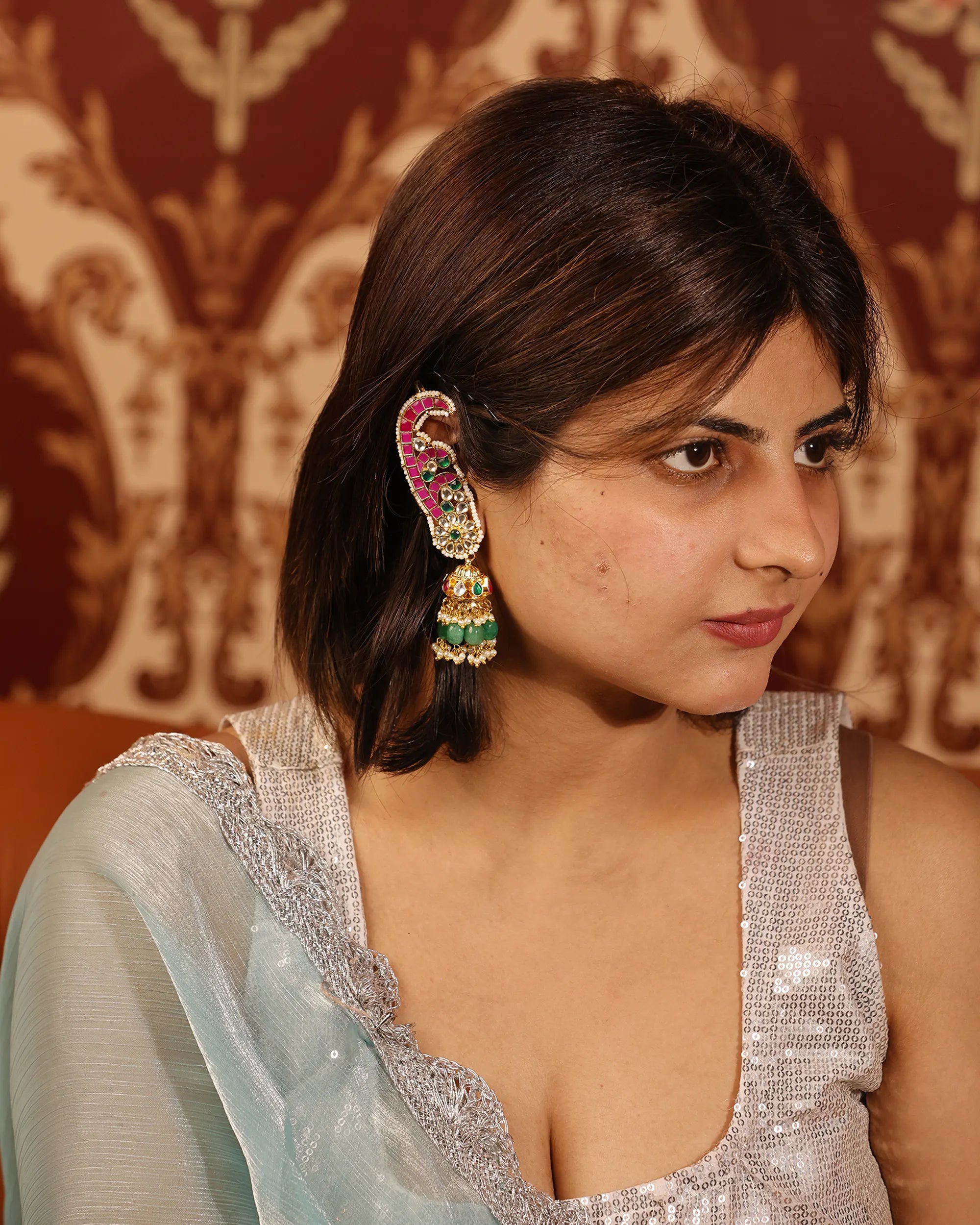 Kundan Earcuffs with Green Jhumka Drops