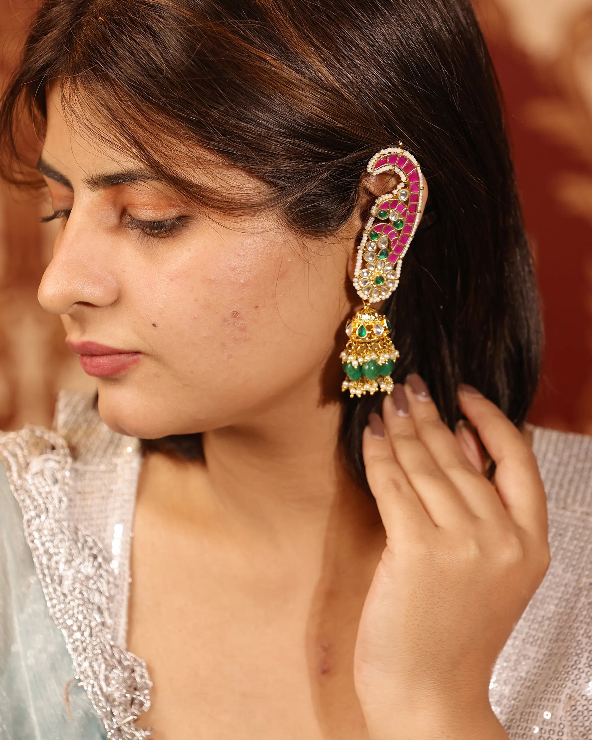 Kundan Earcuffs with Green Jhumka Drops
