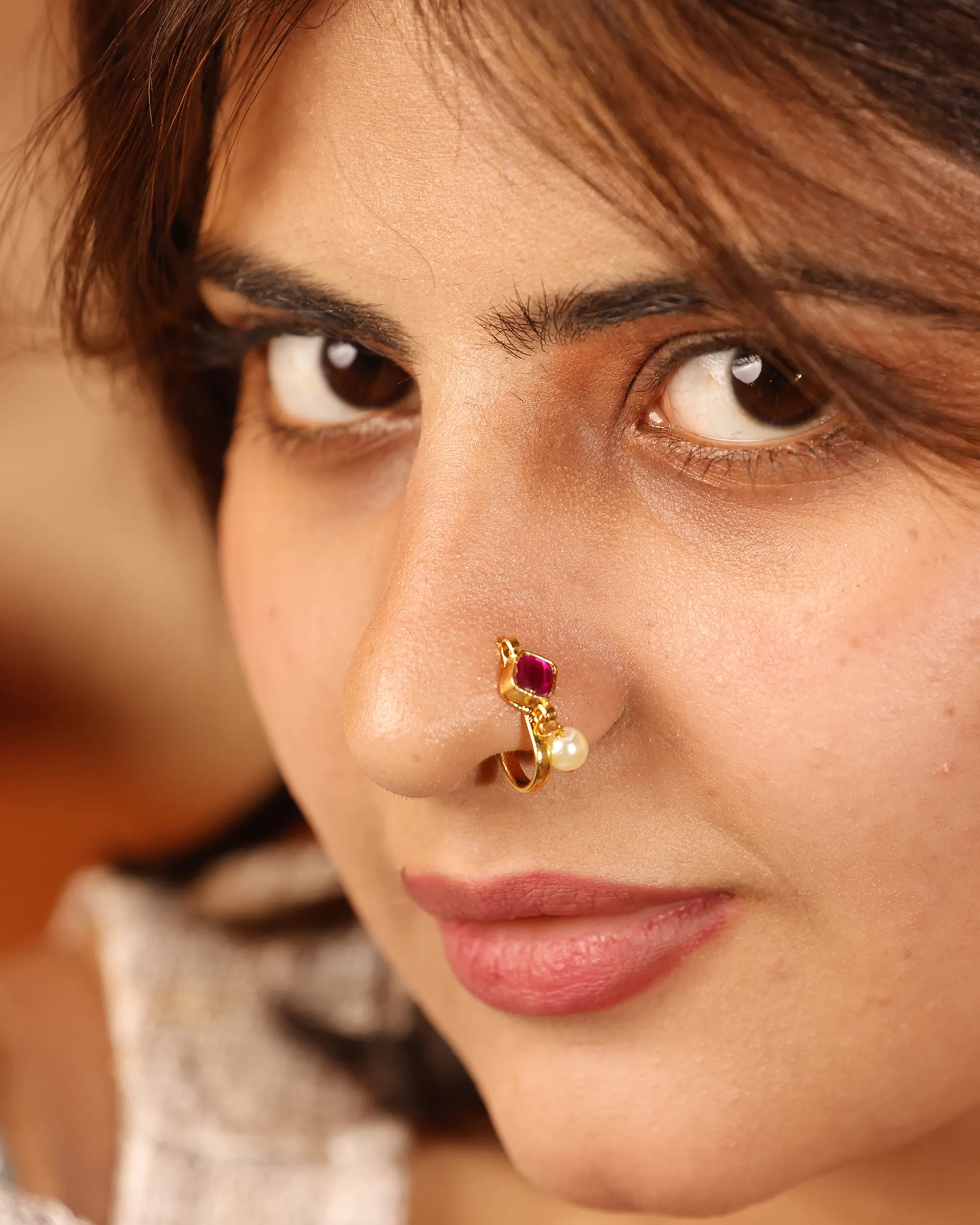 Gold Plated Pink Stone Clip-On Nose Ring, Kundan Style Miniature Nath Pearl