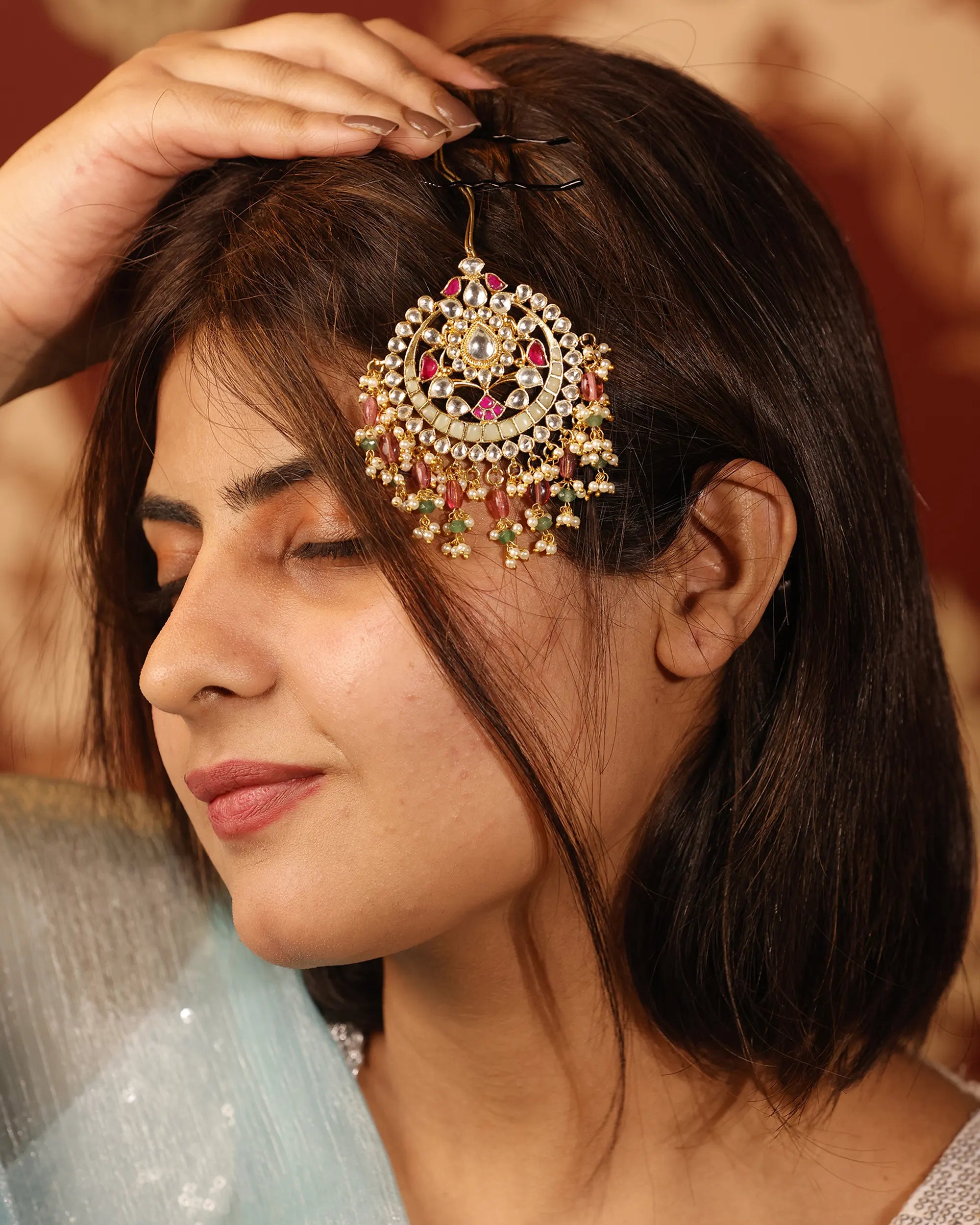 Royal Kundan Hair Brooch, Red Green Stone Bridal Choti Accessor
