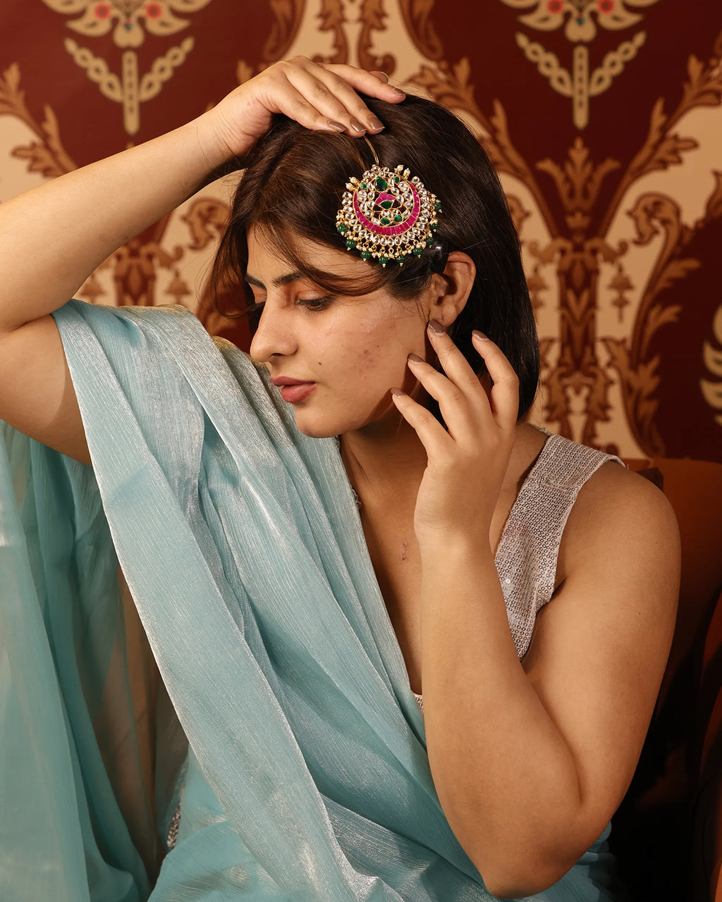 Indian Bridal Hair Brooch, Kundan Red Green Stones Braid Accessory