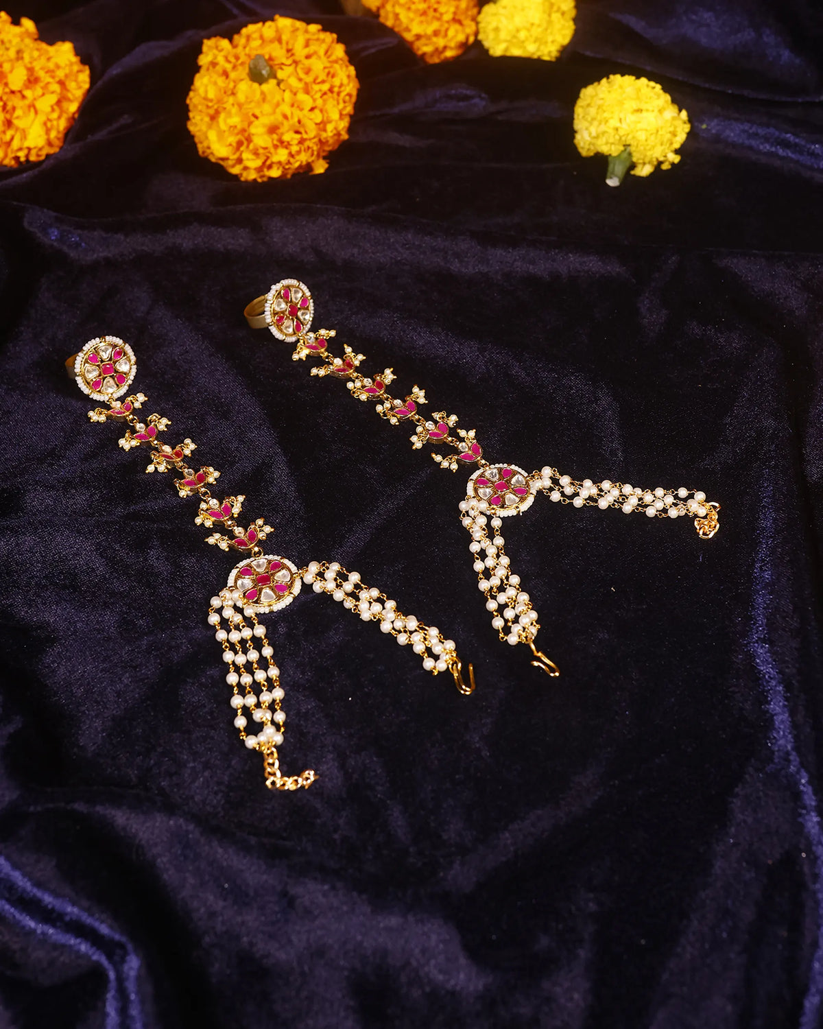 Hand Harness Hathphool, Ruby Red Kundan Pearl Indian Wedding Accessory