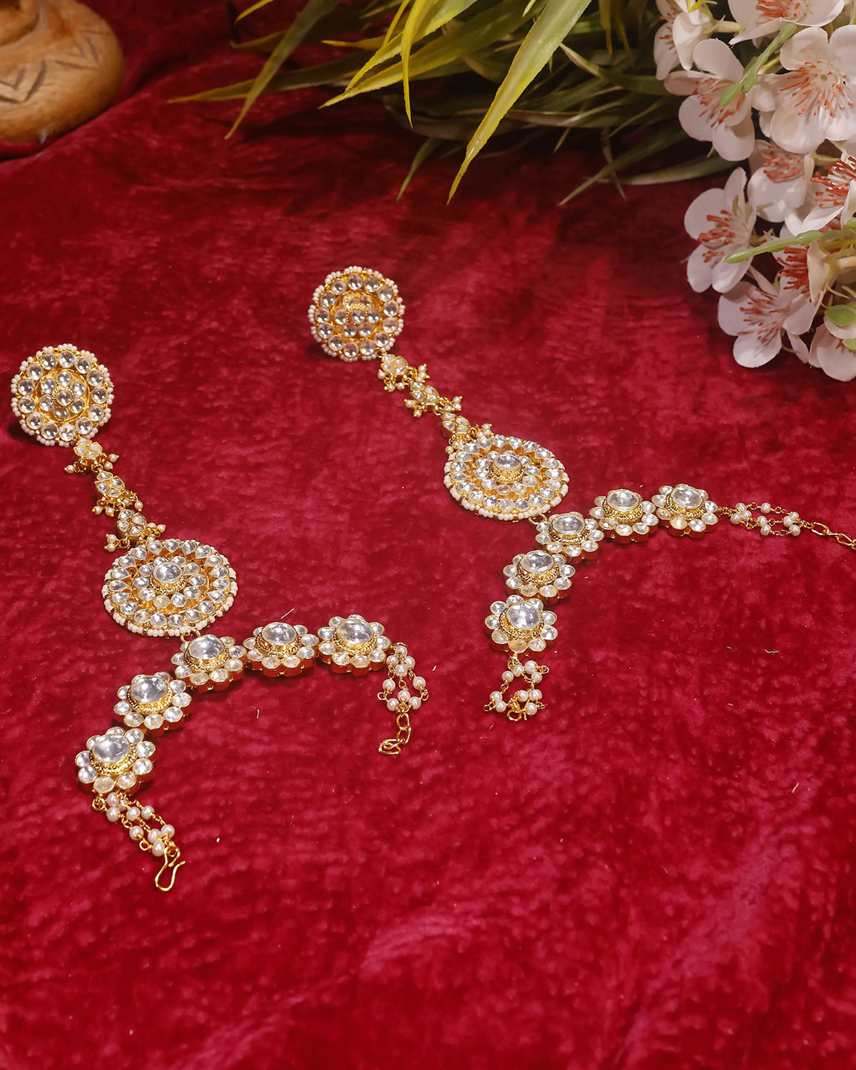 Handcrafted Pachi Kundan Haath Phool, Pearl Bordered Floral Hand Harness Bridal Jewelry