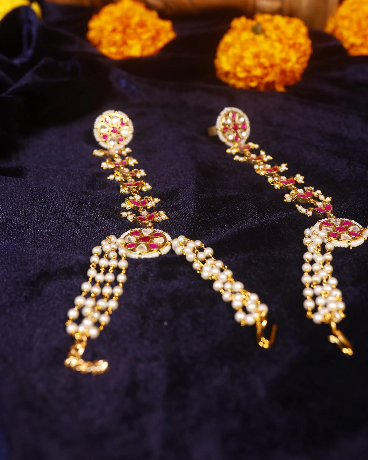 Hand Harness Hathphool, Ruby Red Kundan Pearl Indian Wedding Accessory