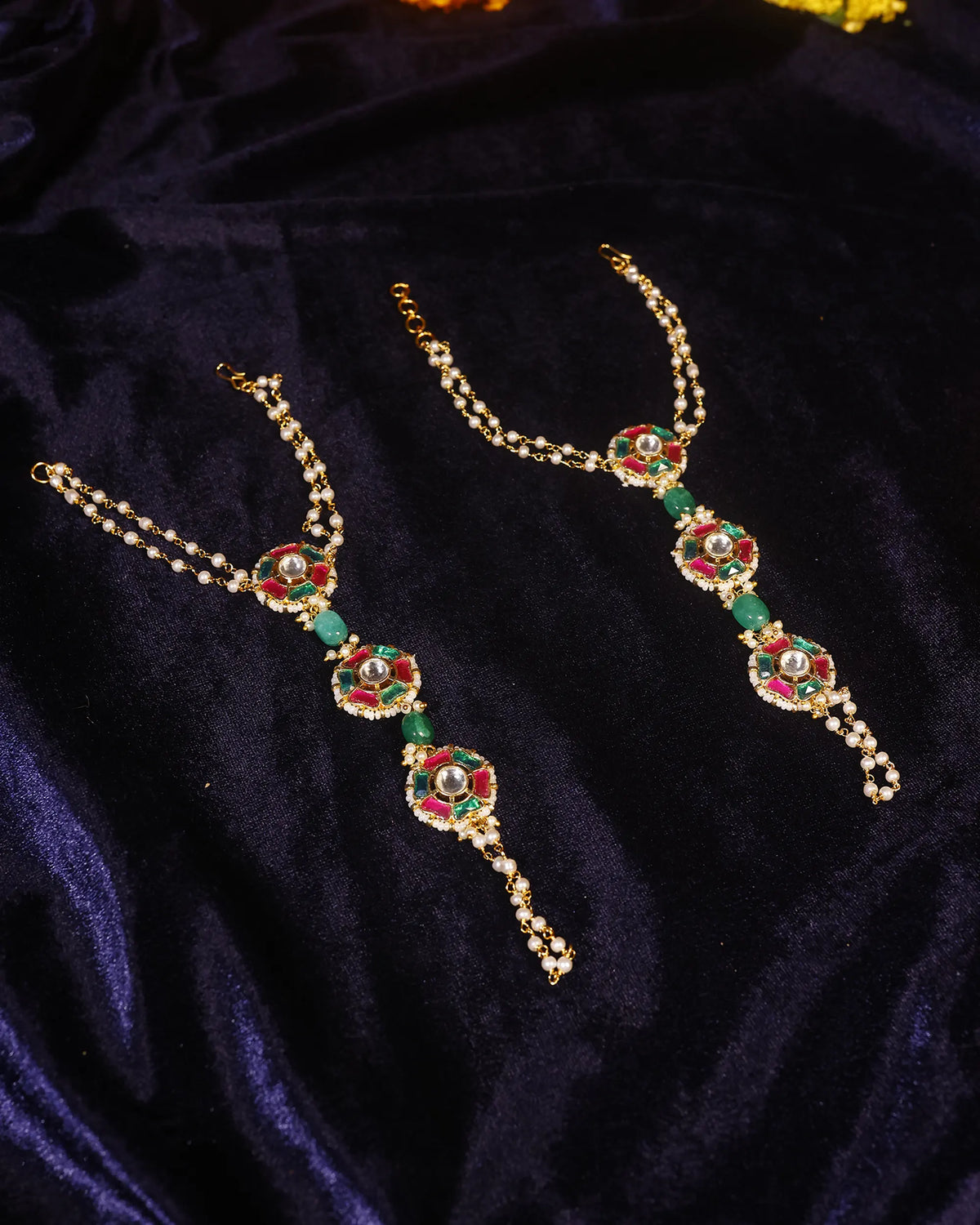 Gold Tone Kundan Style Hathphool Hand Harness Bridal Indian Wedding Jewelry