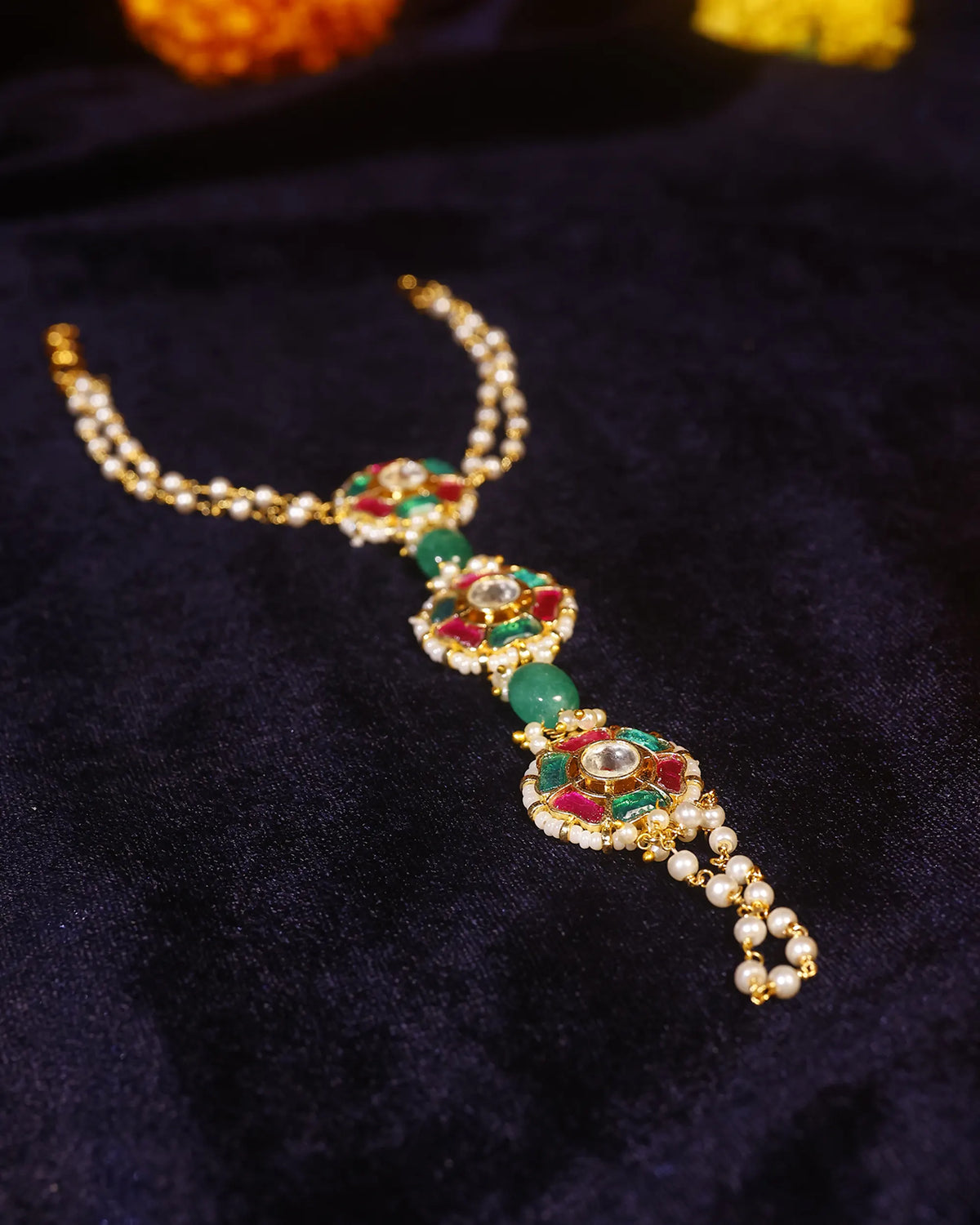 Gold Tone Kundan Style Hathphool Hand Harness Bridal Indian Wedding Jewelry