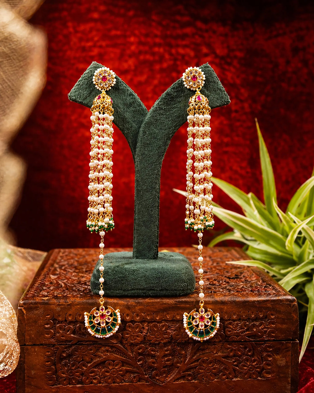 Royal Pearl Jhumka Earrings with Chandbali, Indian Bridal Meenakari Jewelry