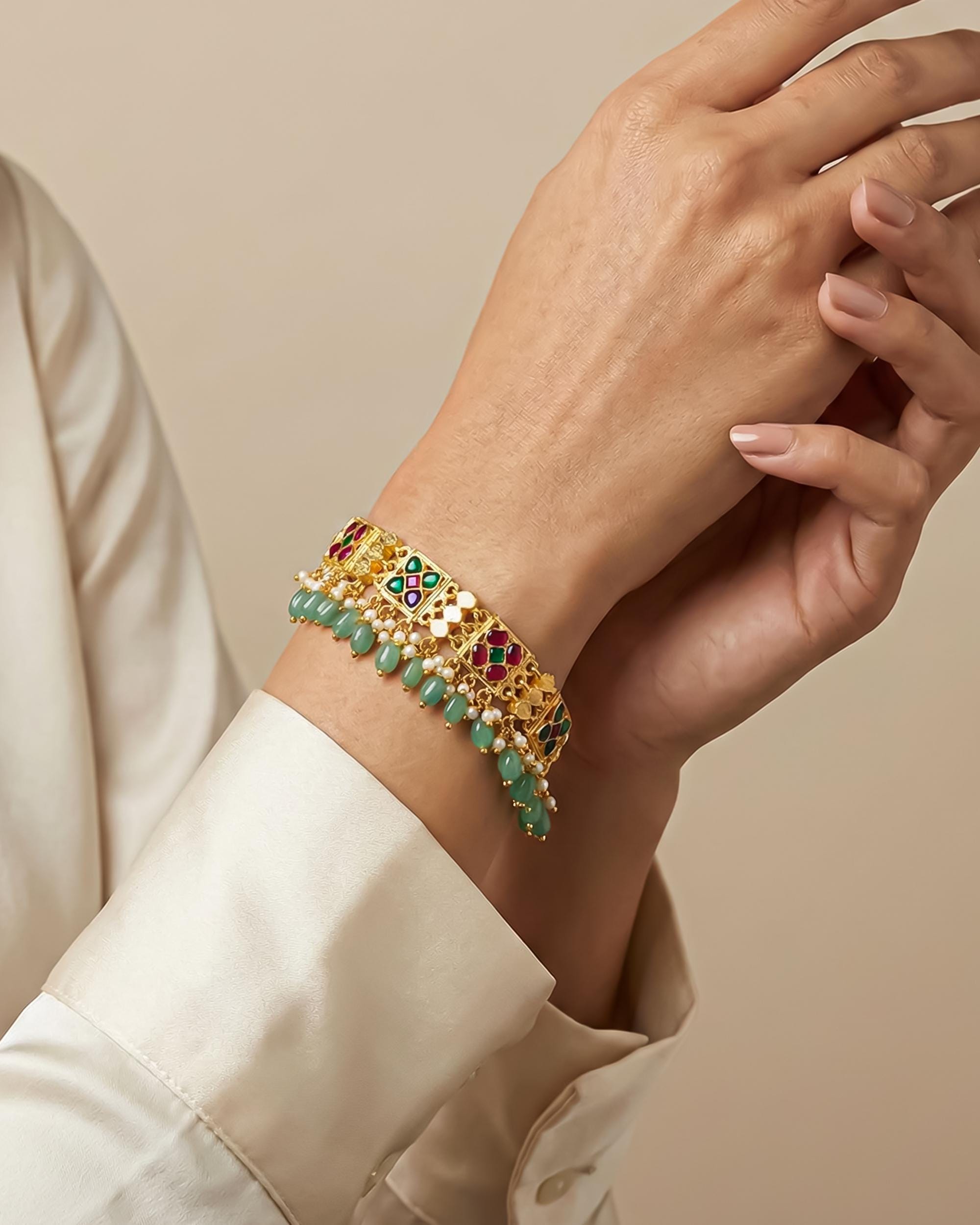 Handmade Gold Plated Kundan Meenakari Bracelet, Traditional Indian Bridal Jewelry