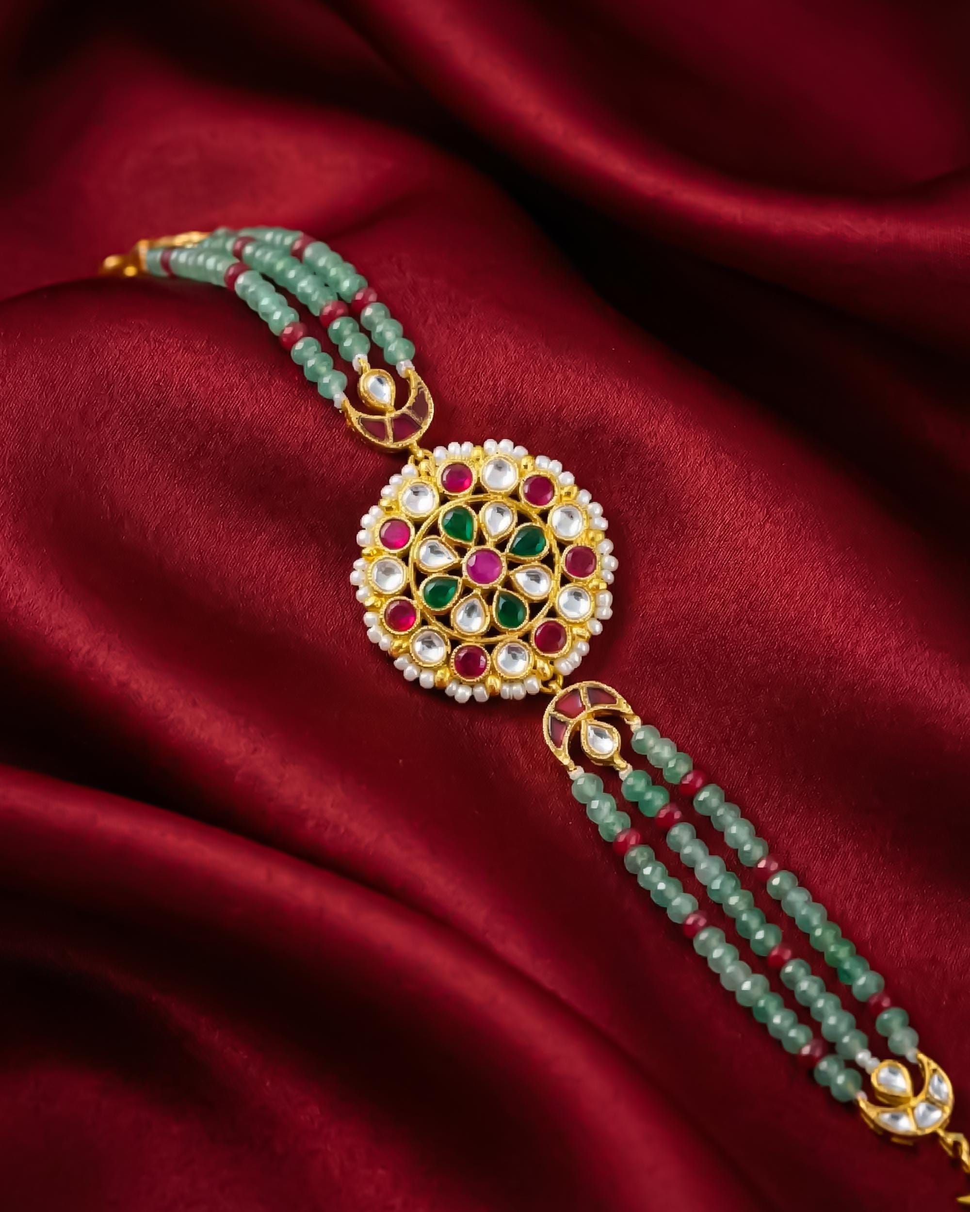 Handcrafted Pachi Kundan Bracelet, Gold Plated Meenakari Kada, Green Beaded Bridal Jewelry