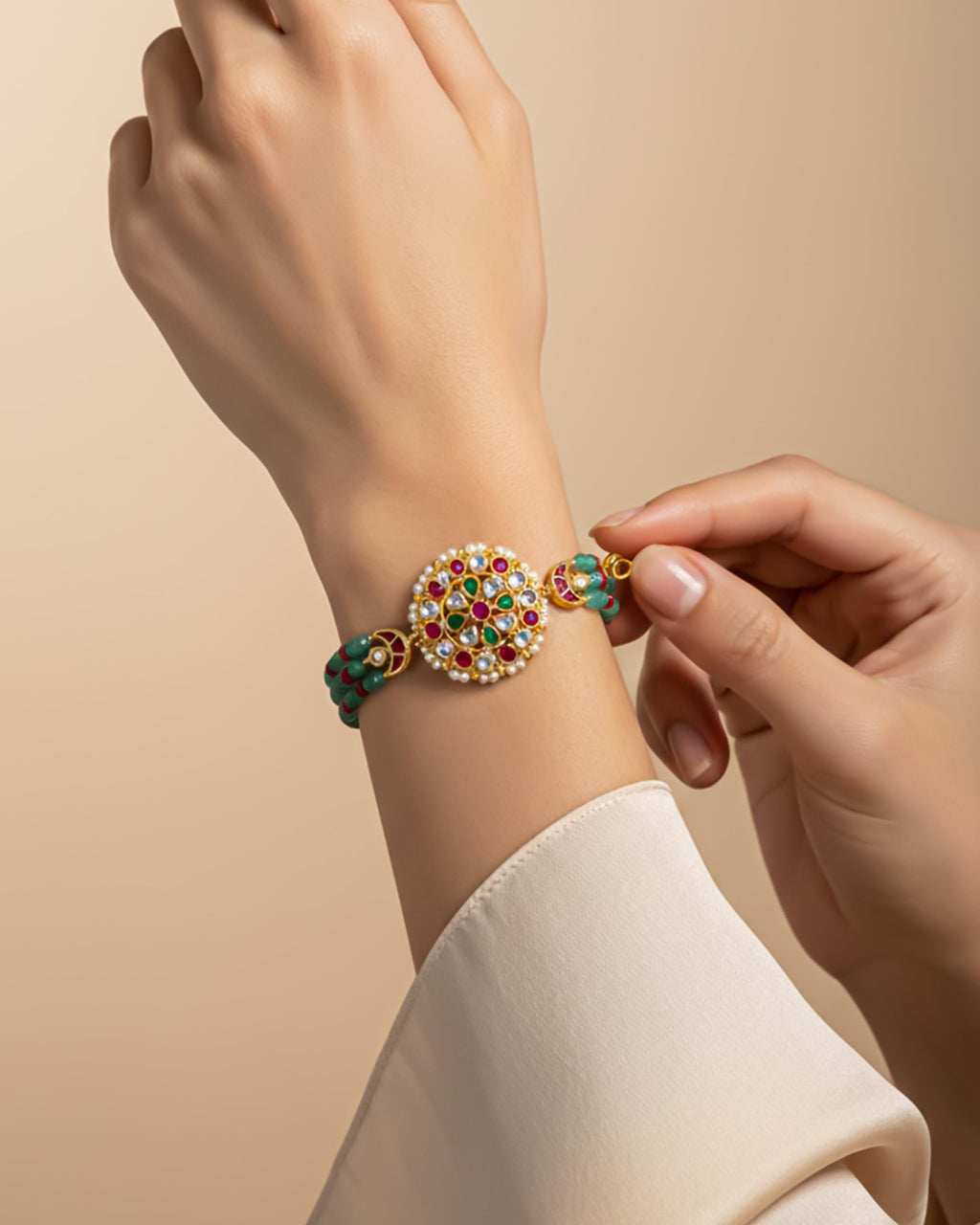 Handcrafted Pachi Kundan Bracelet, Gold Plated Meenakari Kada, Green Beaded Bridal Jewelry