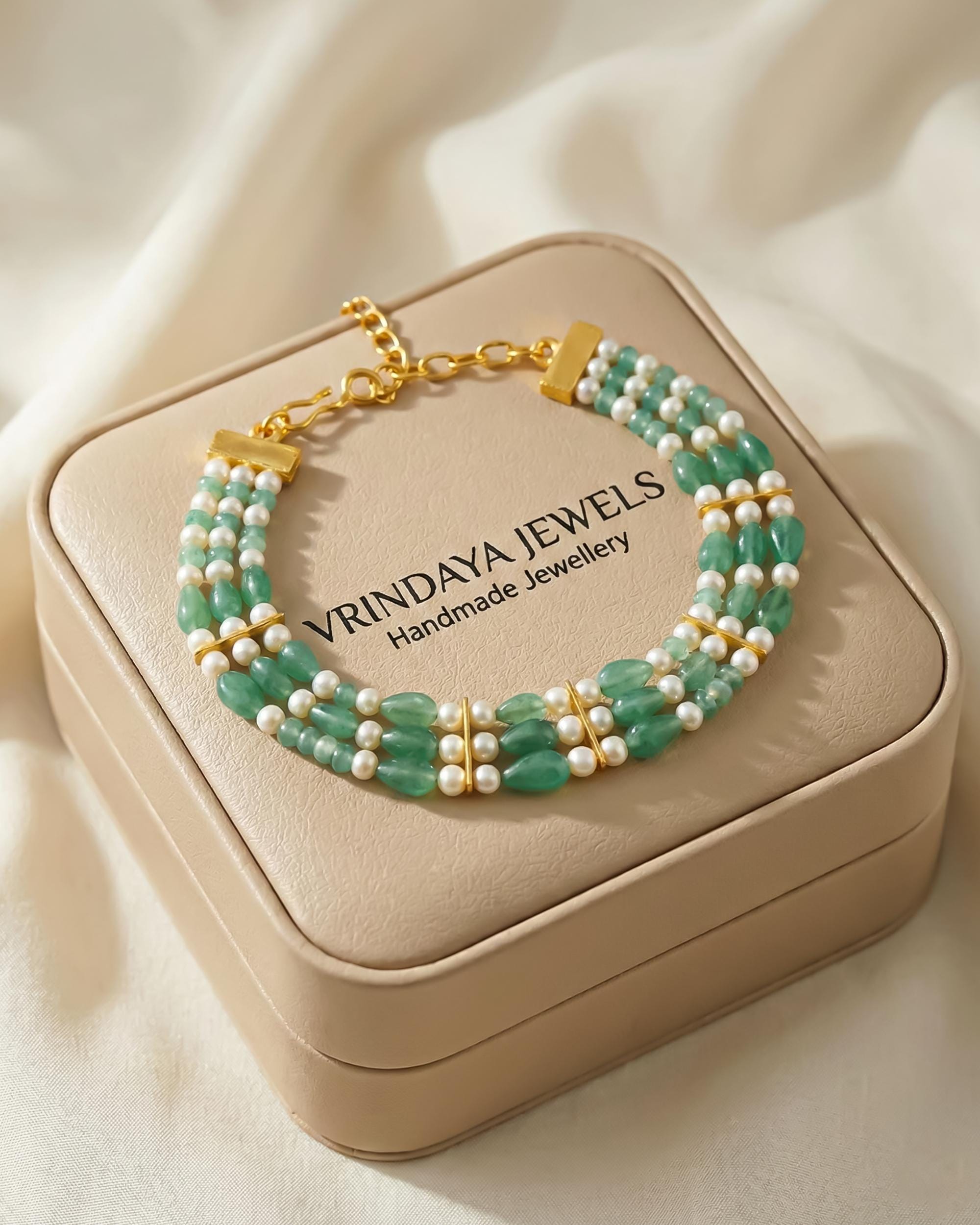 Three Strand Green Stone Pearl Bracelet, Gold Plated Ethnic Bridal Jewelry