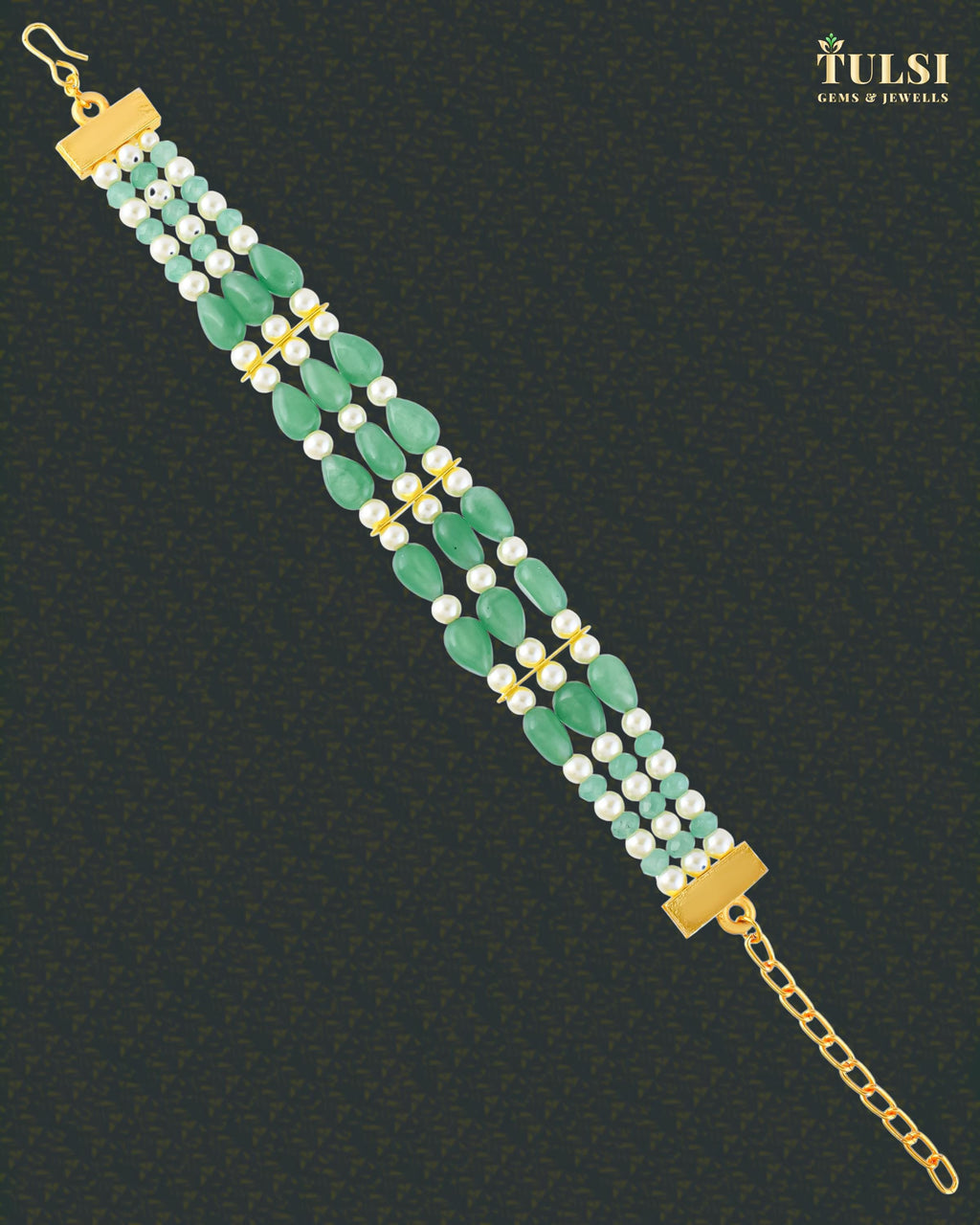 Three Strand Green Stone Pearl Bracelet, Gold Plated Ethnic Bridal Jewelry