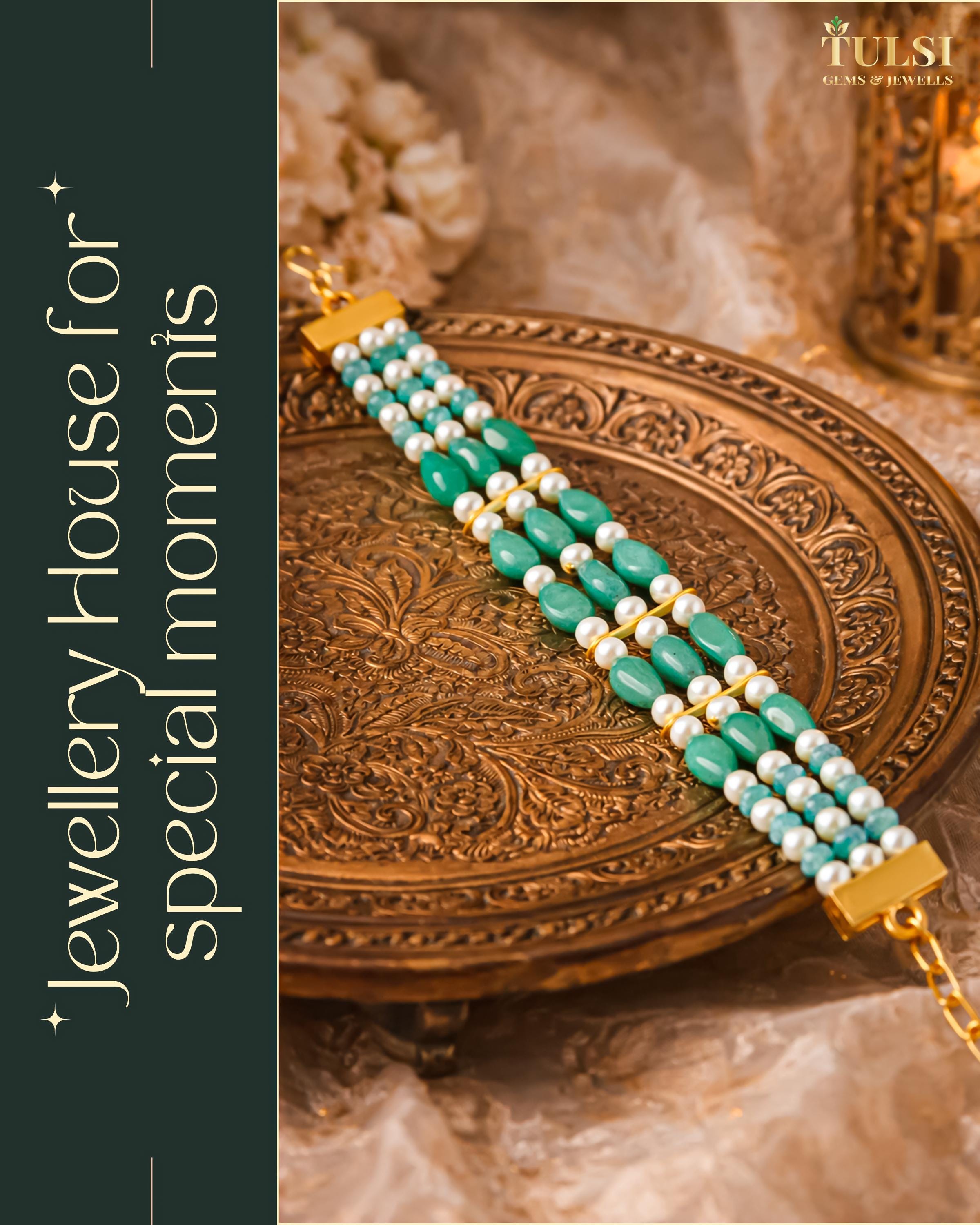 Three Strand Green Stone Pearl Bracelet, Gold Plated Ethnic Bridal Jewelry