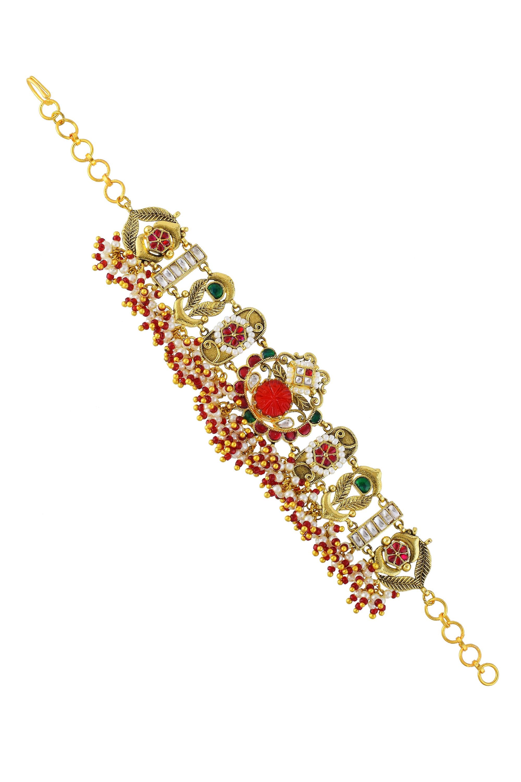 Antique Gold-Plated Pachi Kundan Bracelet, Red Green Meenakari Ethnic Jewelry