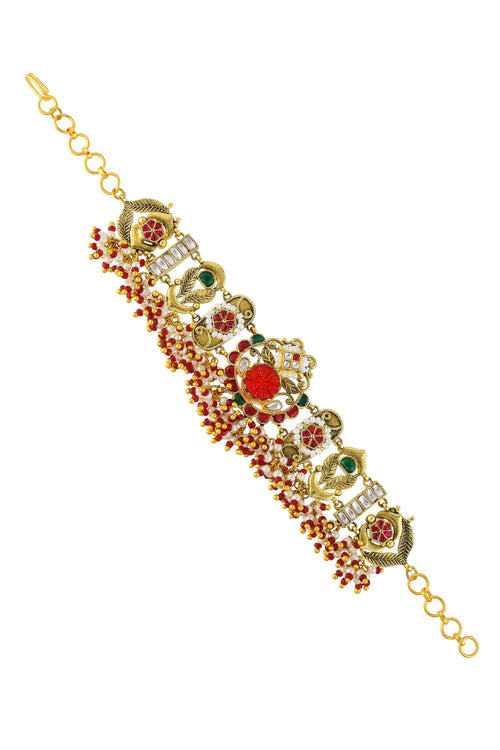 Pulsera de Pachi Kundan bañada en oro antiguo, Joyería étnica Meenakari roja y verde