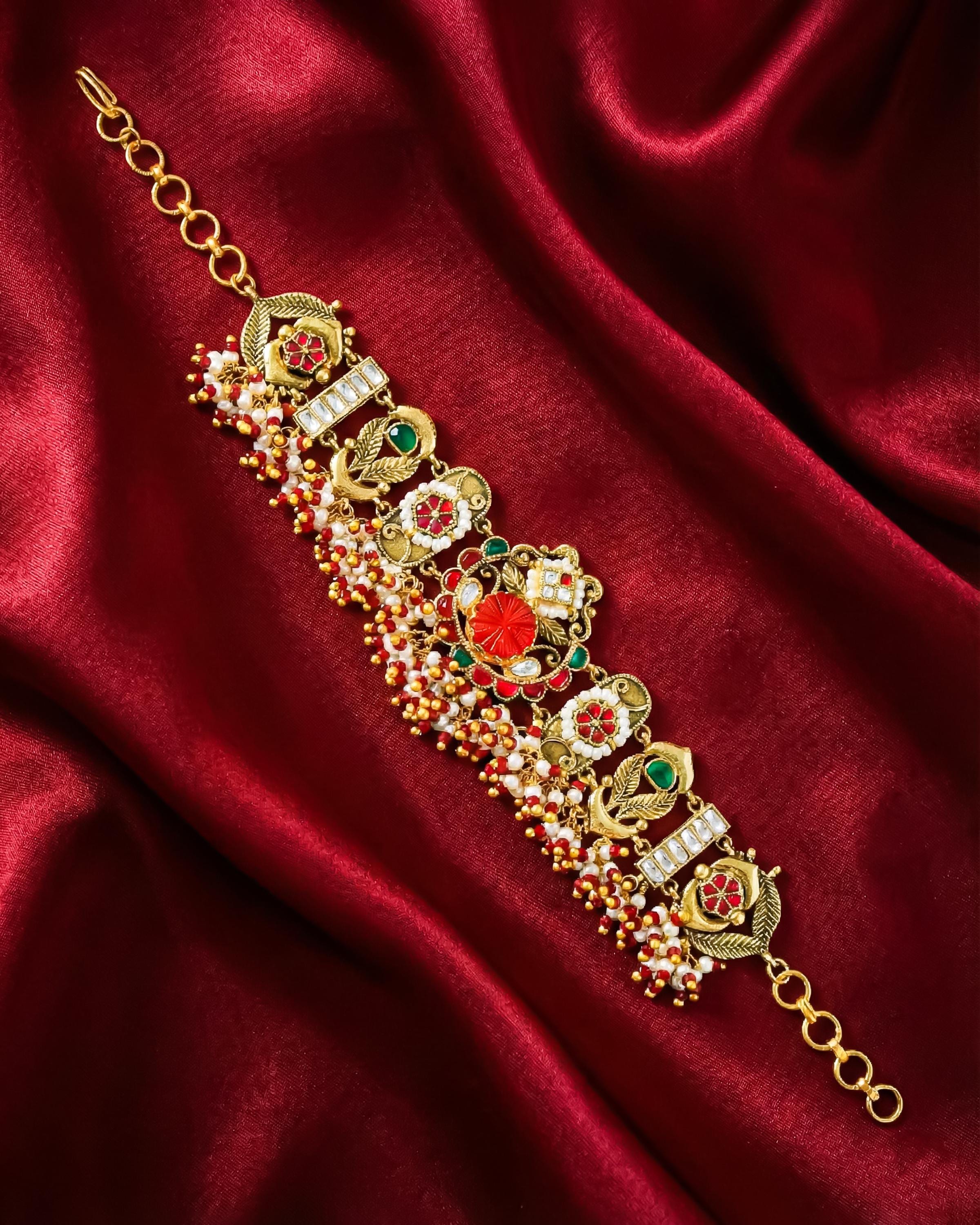 Antique Gold-Plated Pachi Kundan Bracelet, Red Green Meenakari Ethnic Jewelry