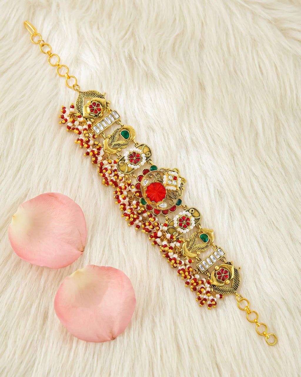 Antique Gold-Plated Pachi Kundan Bracelet, Red Green Meenakari Ethnic Jewelry