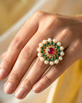 Gold Plated Pachi Kundan Ring, Red Green Pearl Statement Jewelry