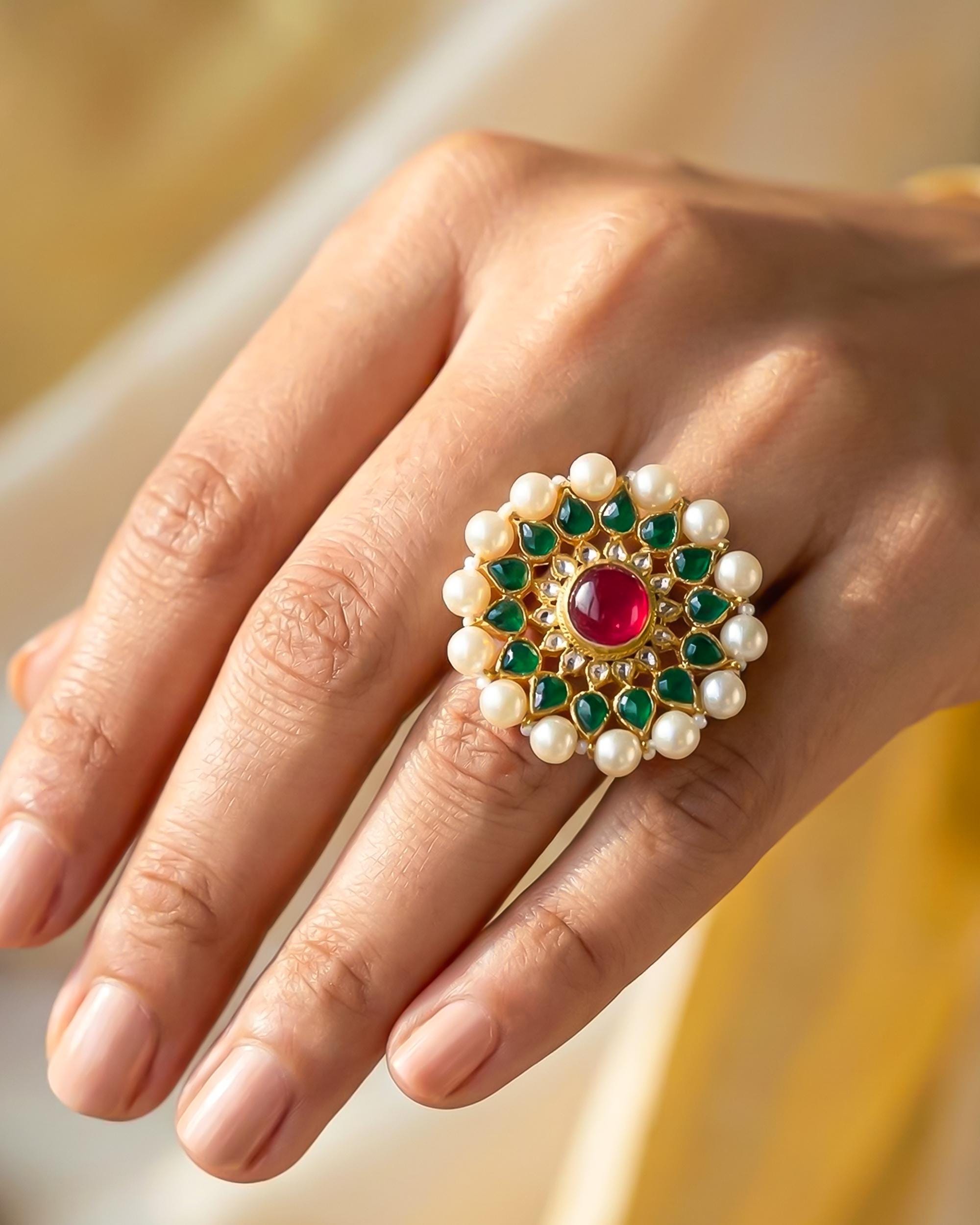 Gold Plated Pachi Kundan Ring, Red Green Pearl Statement Jewelry