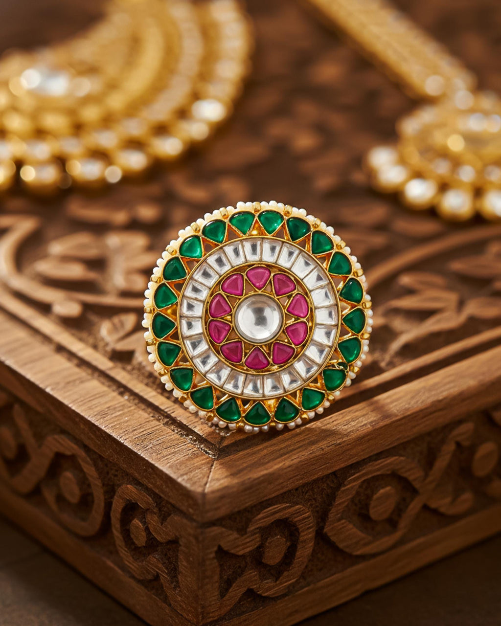 Gold Plated Pachi Kundan Statement Ring, Pearl Bridal Ethnic Jewelry