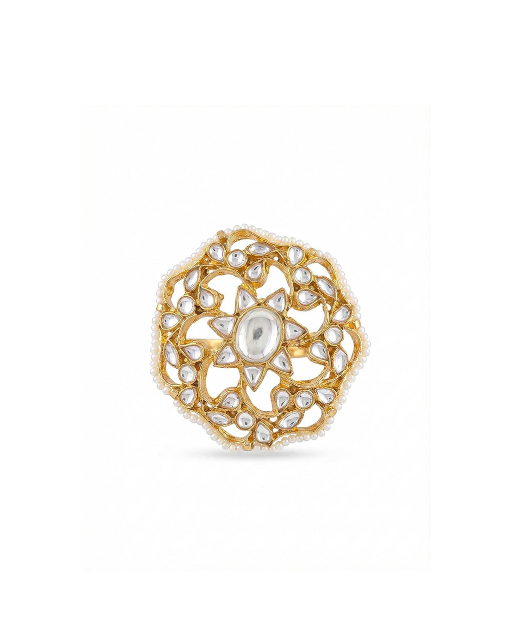 Gold-Plated Pachi Kundan Filigree Statement Ring, Pearl Border, Jaipur Heritage Jewelry