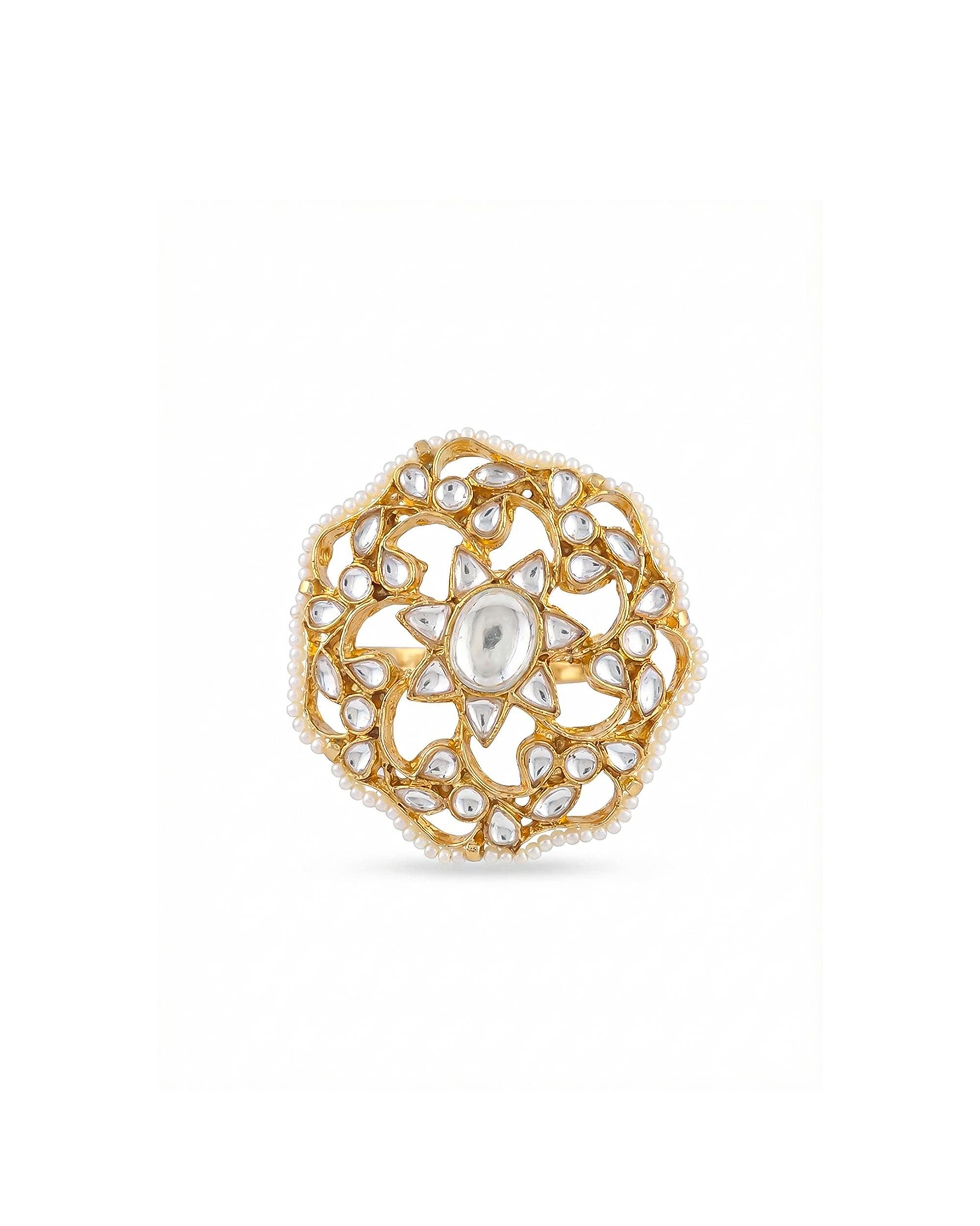 Gold-Plated Pachi Kundan Filigree Statement Ring, Pearl Border, Jaipur Heritage Jewelry