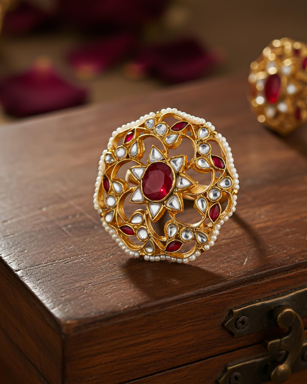 Royal Ruby Polki Ring  Adjustable Kundan Pearl Statement Jewelry
