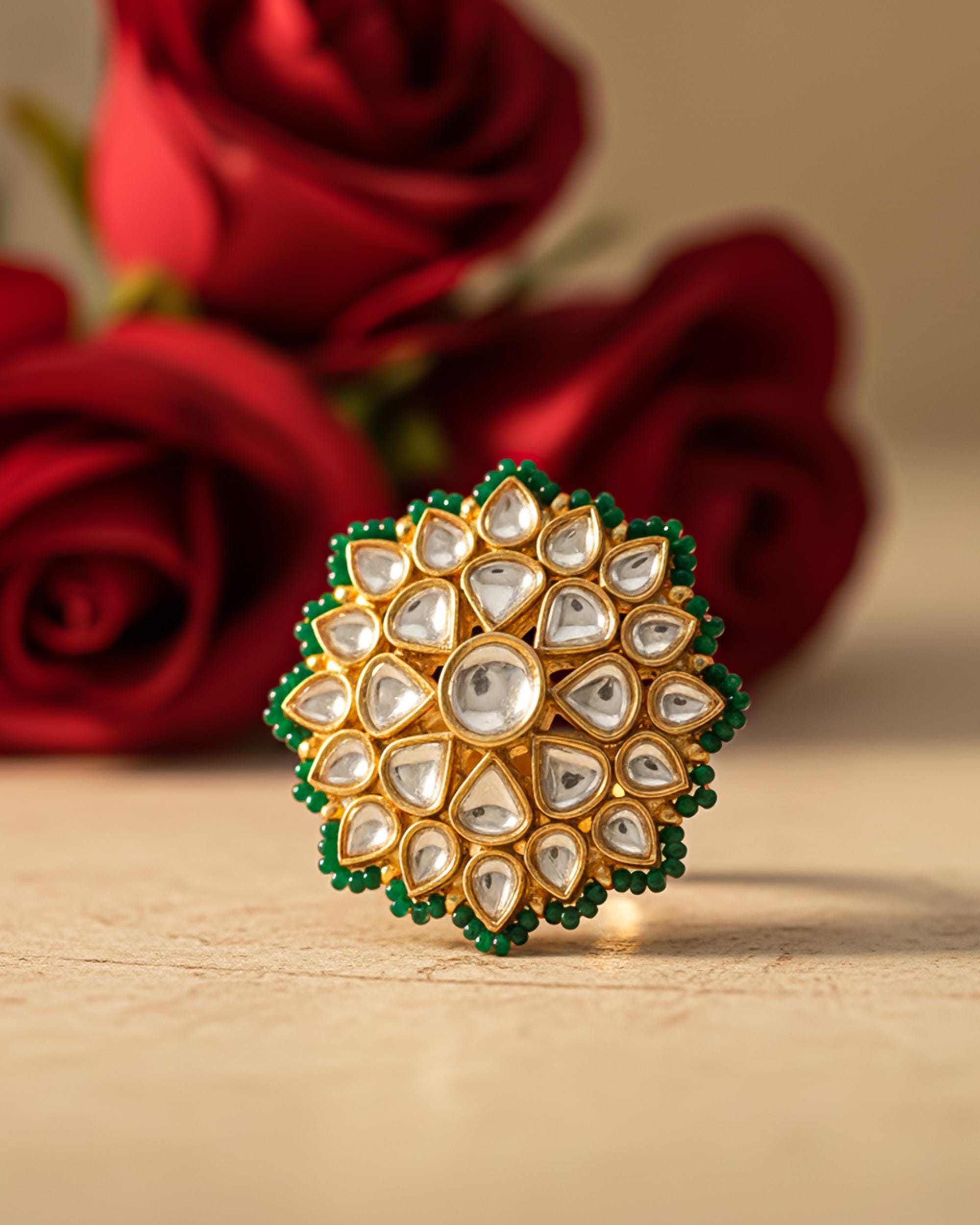Emerald Halo Kundan Statement Ring, Gold Floral Pachi Polki Jewelry