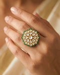 Emerald Halo Kundan Statement Ring, Gold Floral Pachi Polki Jewelry
