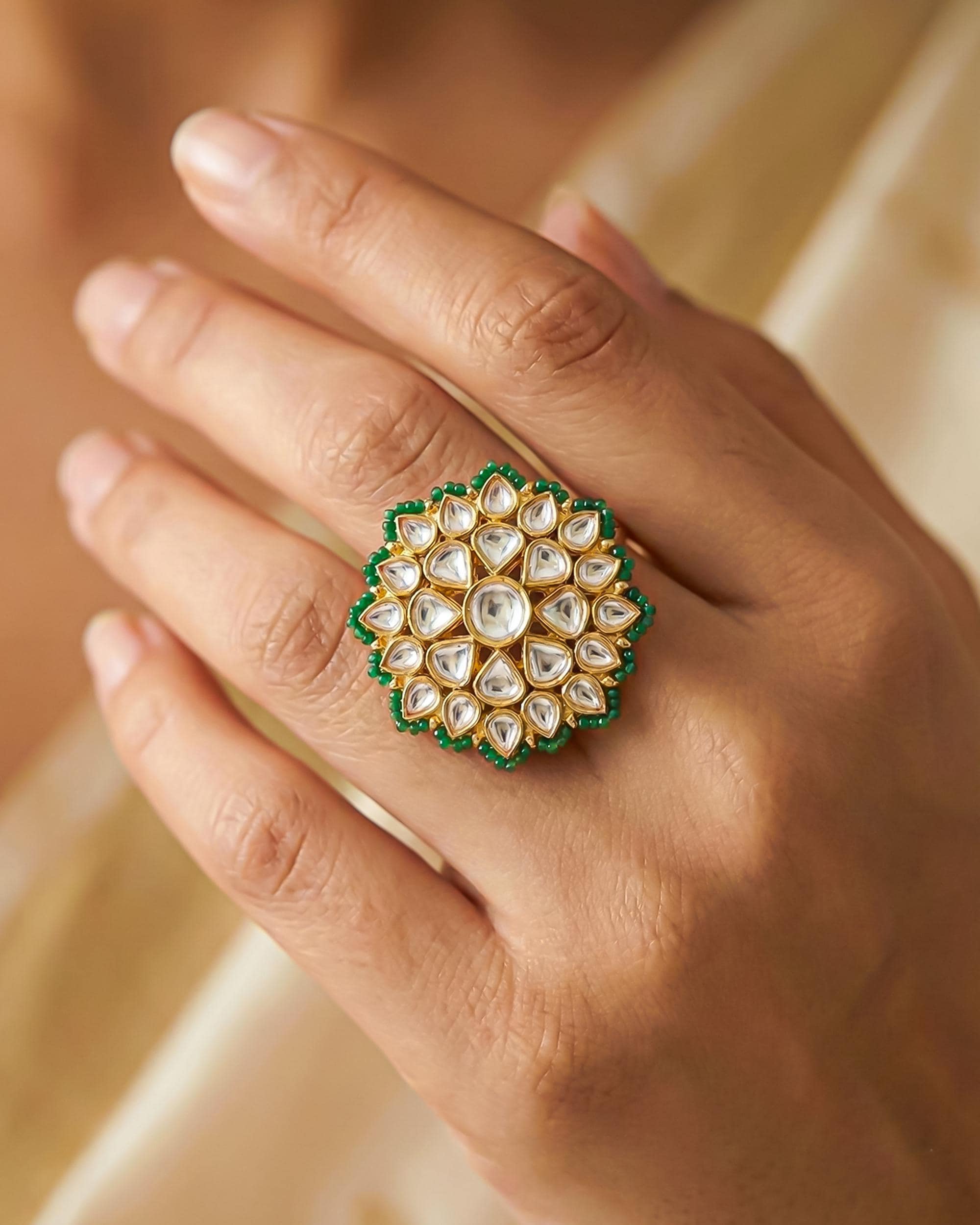 Emerald Halo Kundan Statement Ring, Gold Floral Pachi Polki Jewelry