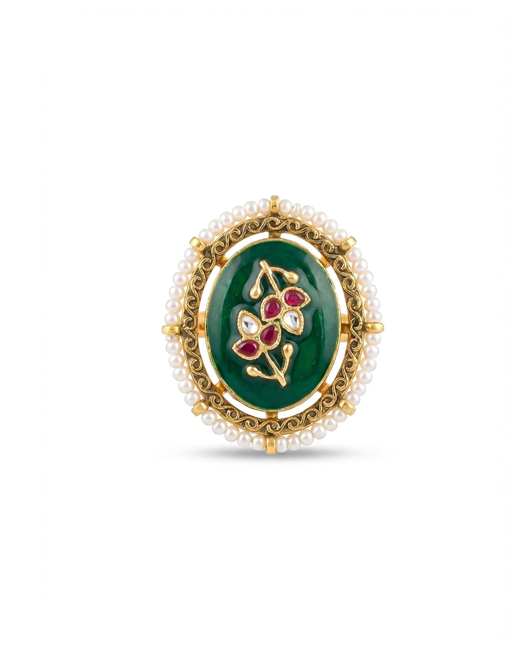 Emerald Meenakari Kundan Statement Ring, Antique Gold Floral Medallion, Pearl Border