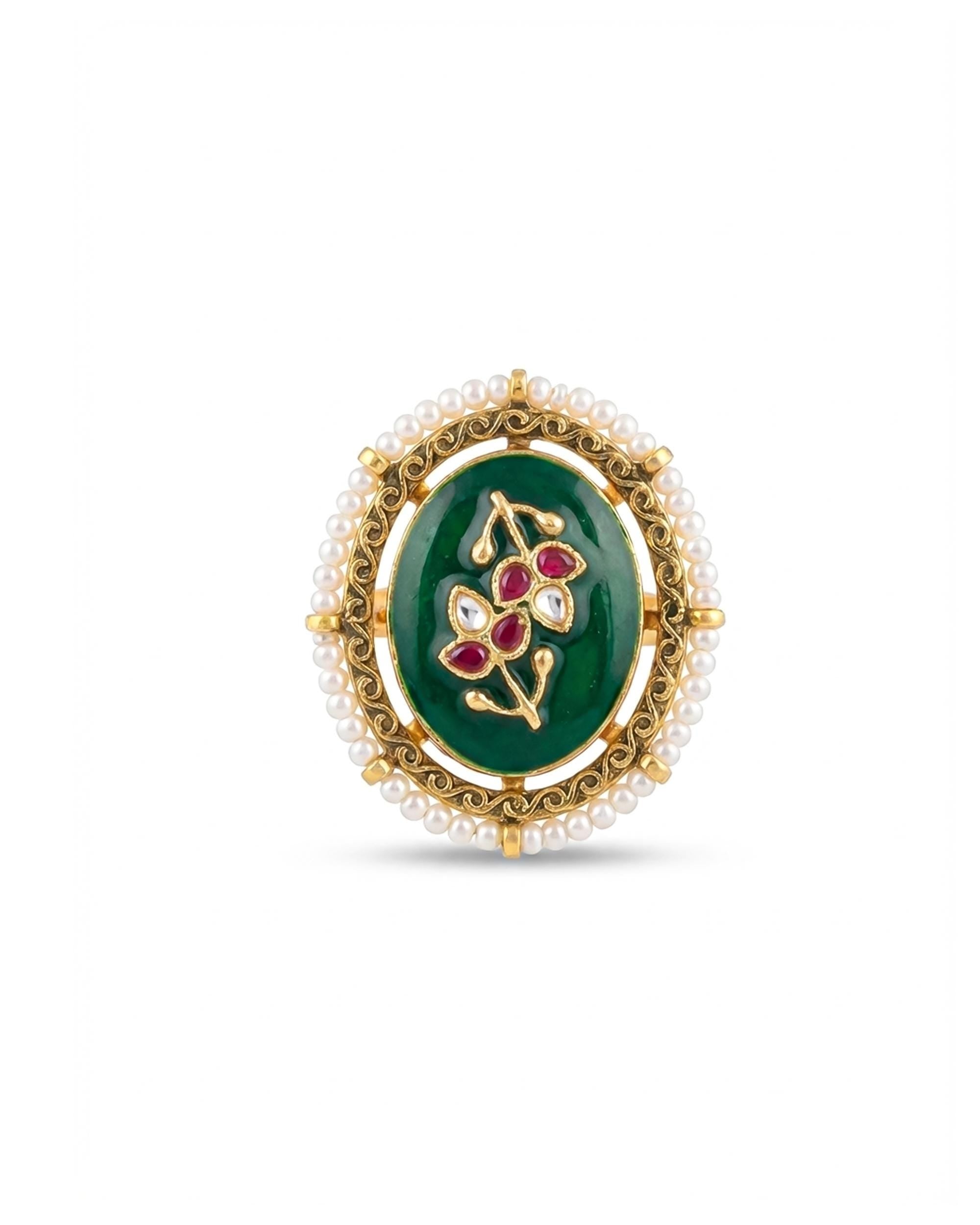 Emerald Meenakari Kundan Statement Ring, Antique Gold Floral Medallion, Pearl Border