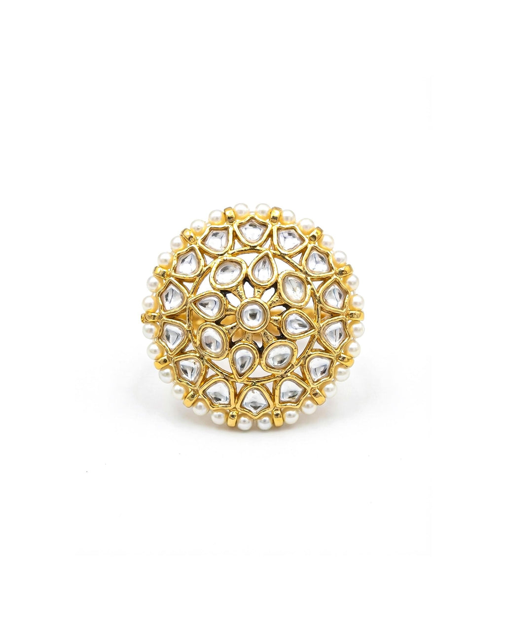 Pachi Kundan Mandala Ring, White Pearl Gold Floral Statement Ring, Adjustable Bridal Jewelry