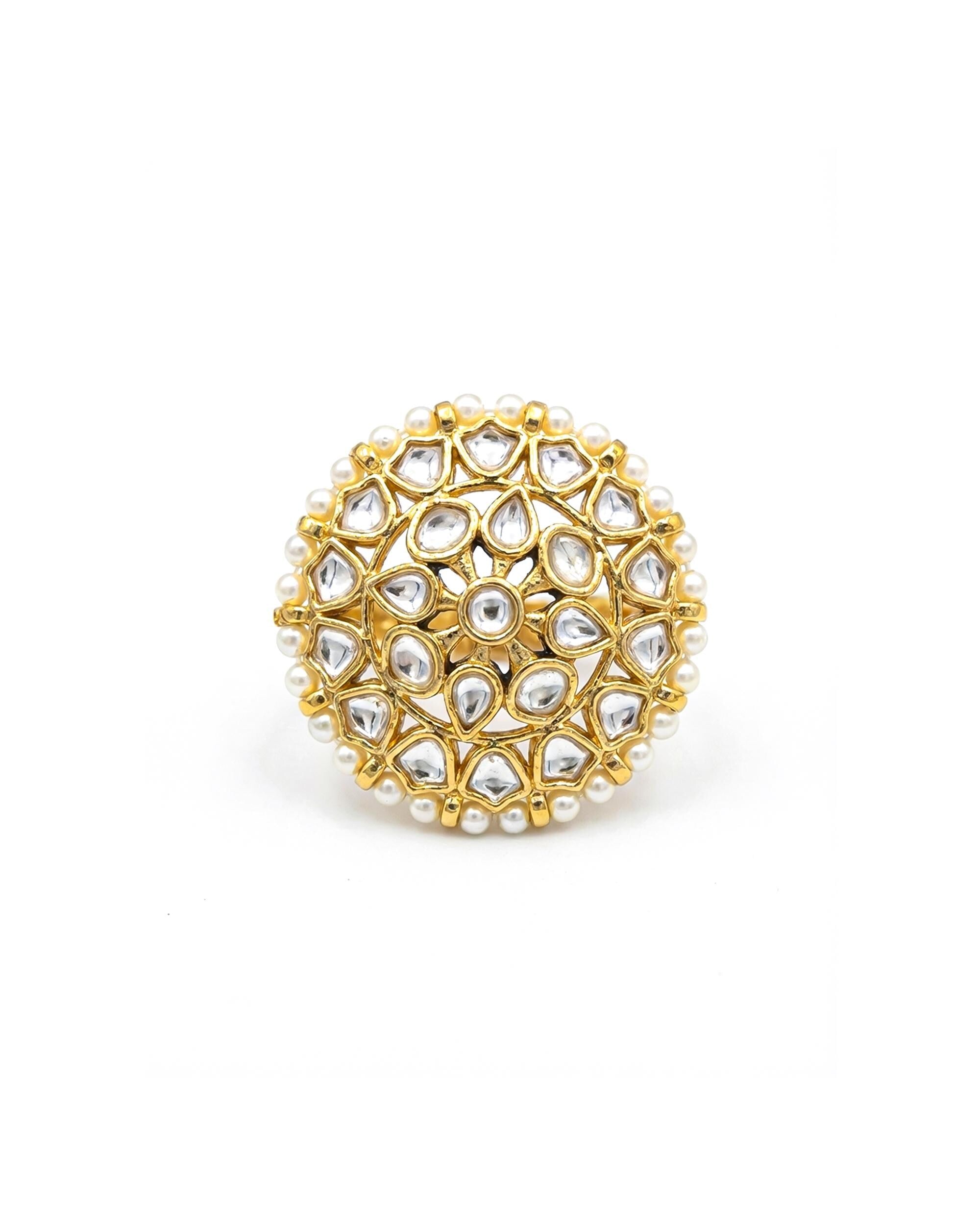 Pachi Kundan Mandala Ring, White Pearl Gold Floral Statement Ring, Adjustable Bridal Jewelry