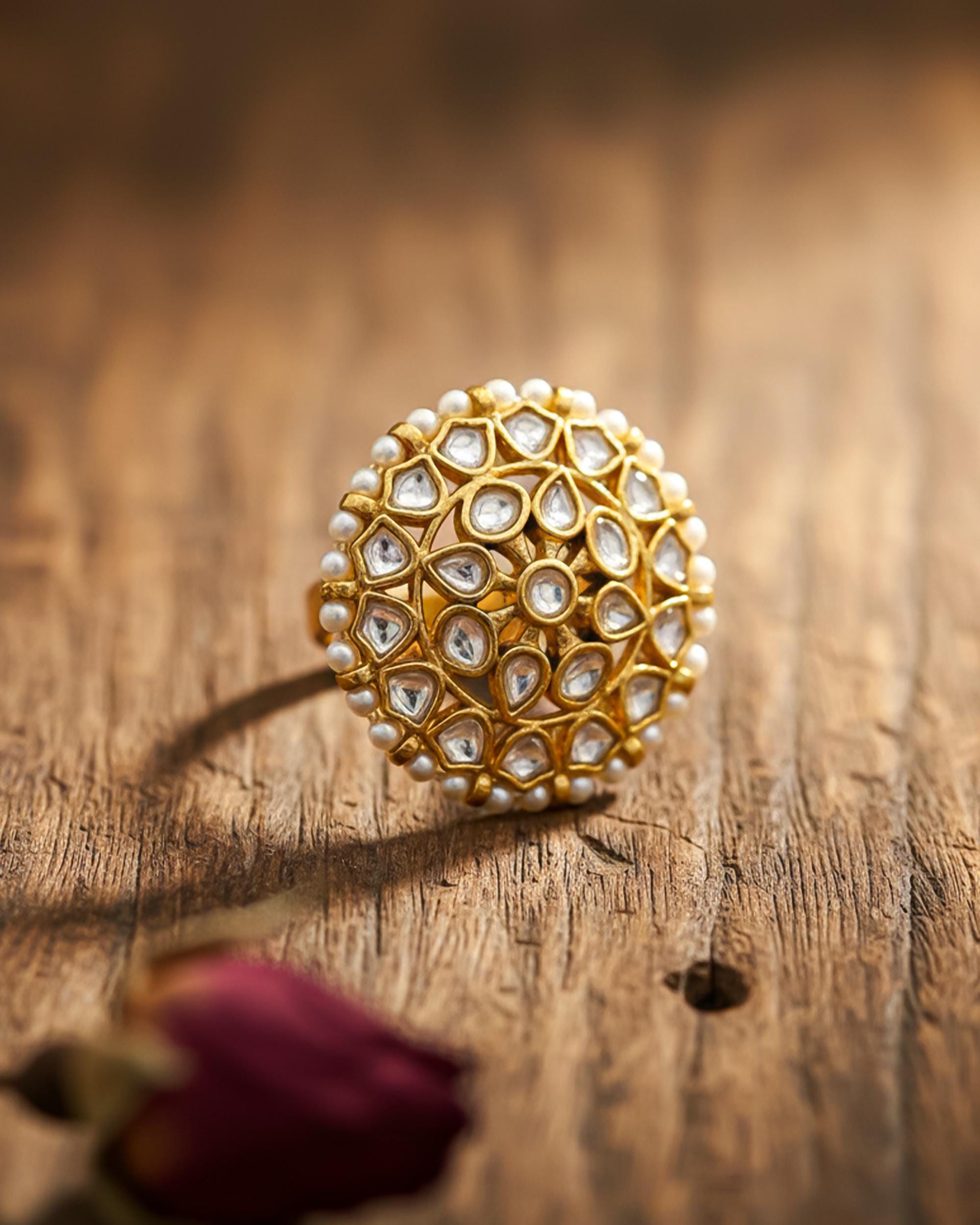 Pachi Kundan Mandala Ring, White Pearl Gold Floral Statement Ring, Adjustable Bridal Jewelry