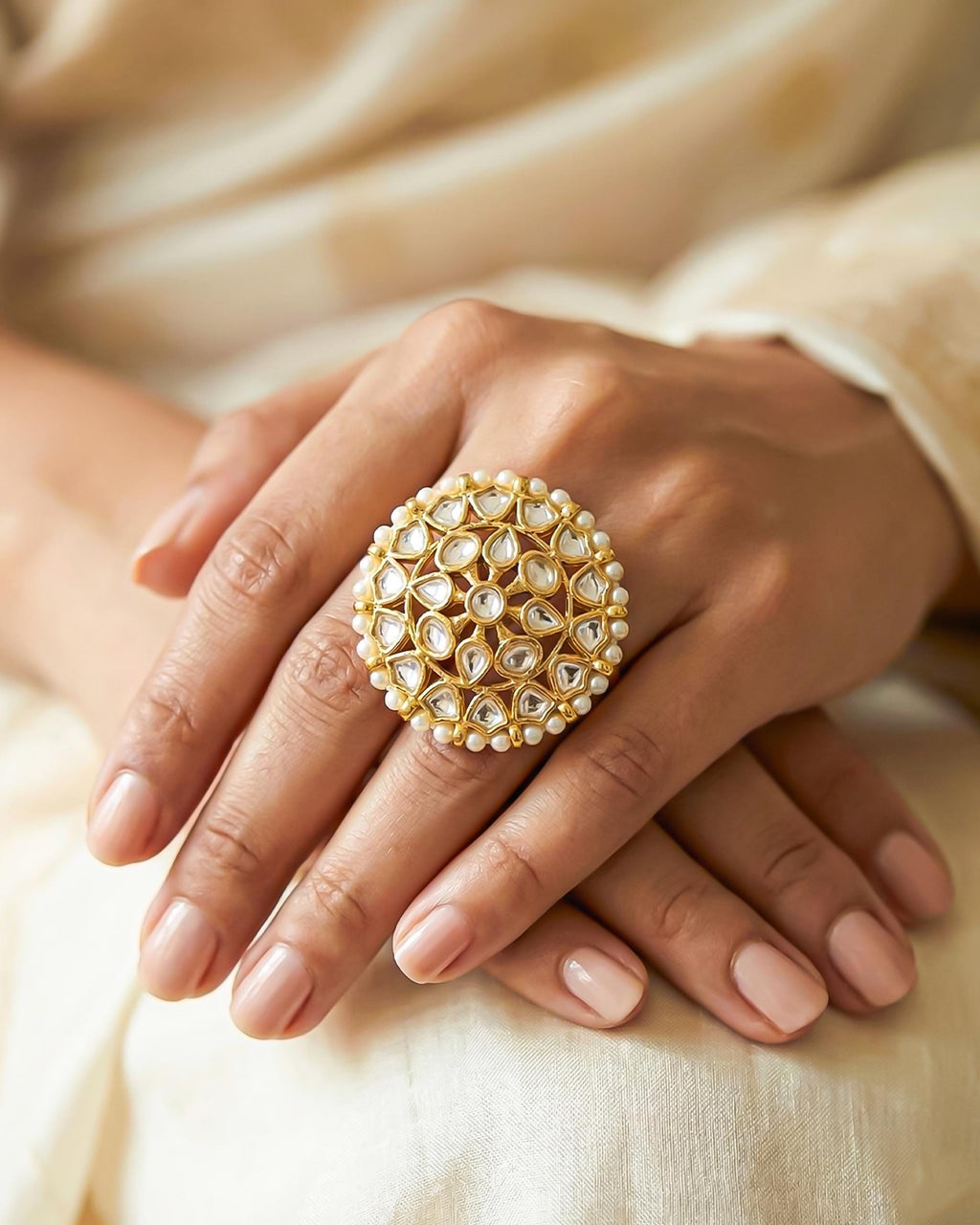 Pachi Kundan Mandala Ring, White Pearl Gold Floral Statement Ring, Adjustable Bridal Jewelry