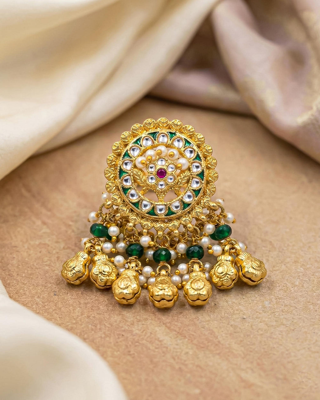 Royal Meenakari Jhumka Statement Ring, Kundan Pearl Bridal Jewelry, Emerald Ethnic Wedding Ring