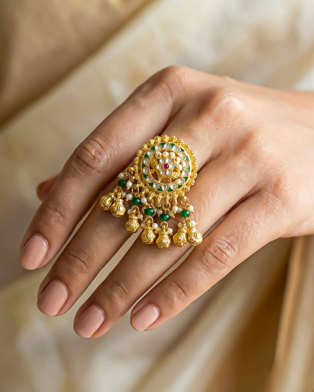 Royal Meenakari Jhumka Statement Ring, Kundan Pearl Bridal Jewelry, Emerald Ethnic Wedding Ring