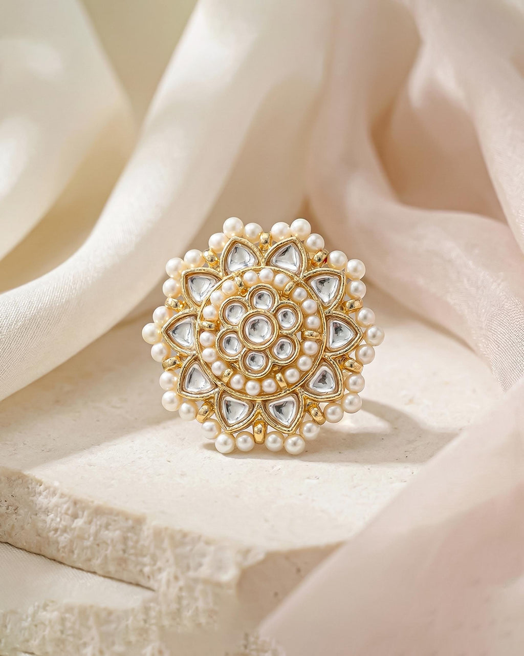 kundan cocktail ring Oversized Polki Kundan Statement Ring with Pearl Border, Adjustable Gold Tone Bridal Jewelry