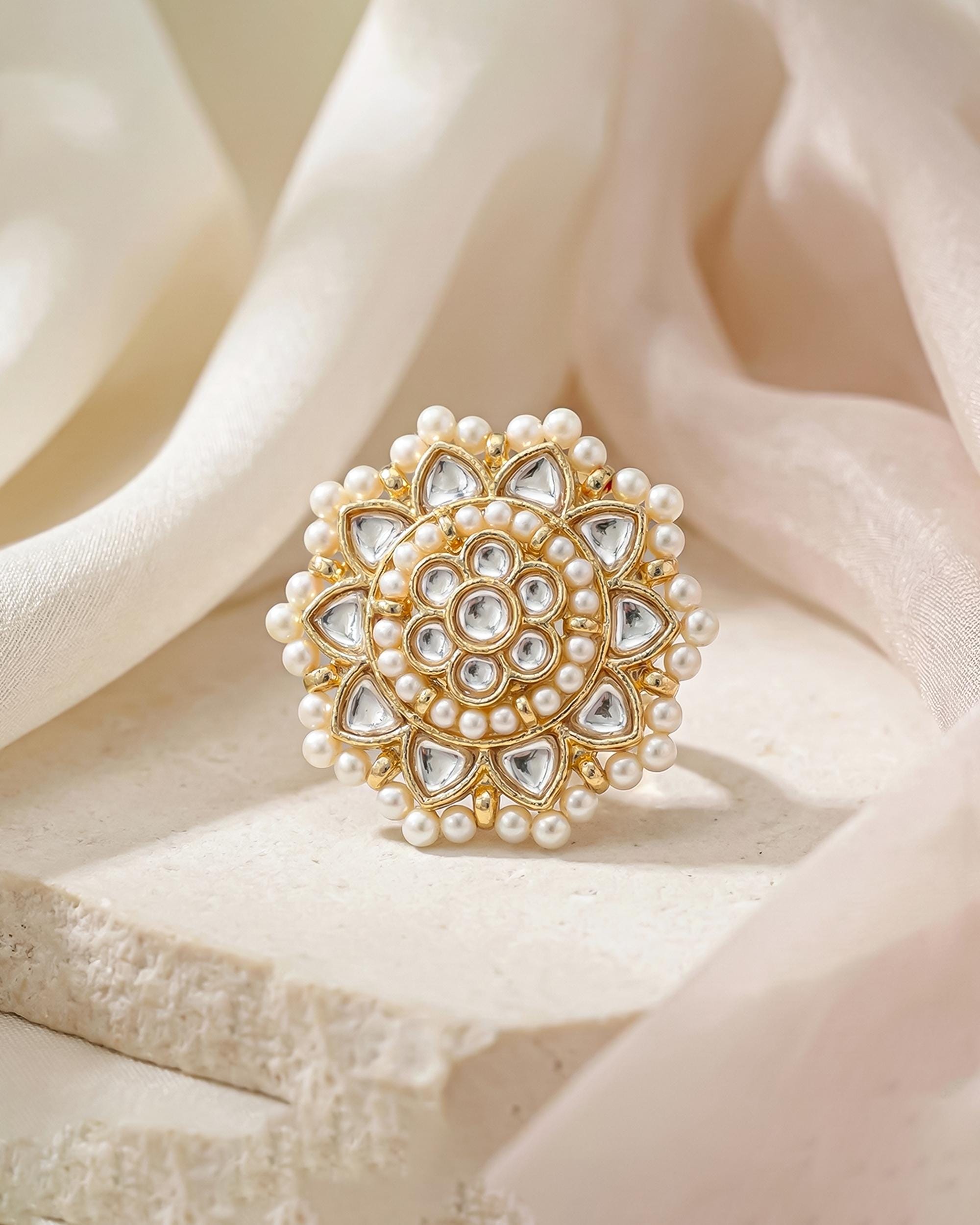 kundan cocktail ring Oversized Polki Kundan Statement Ring with Pearl Border, Adjustable Gold Tone Bridal Jewelry